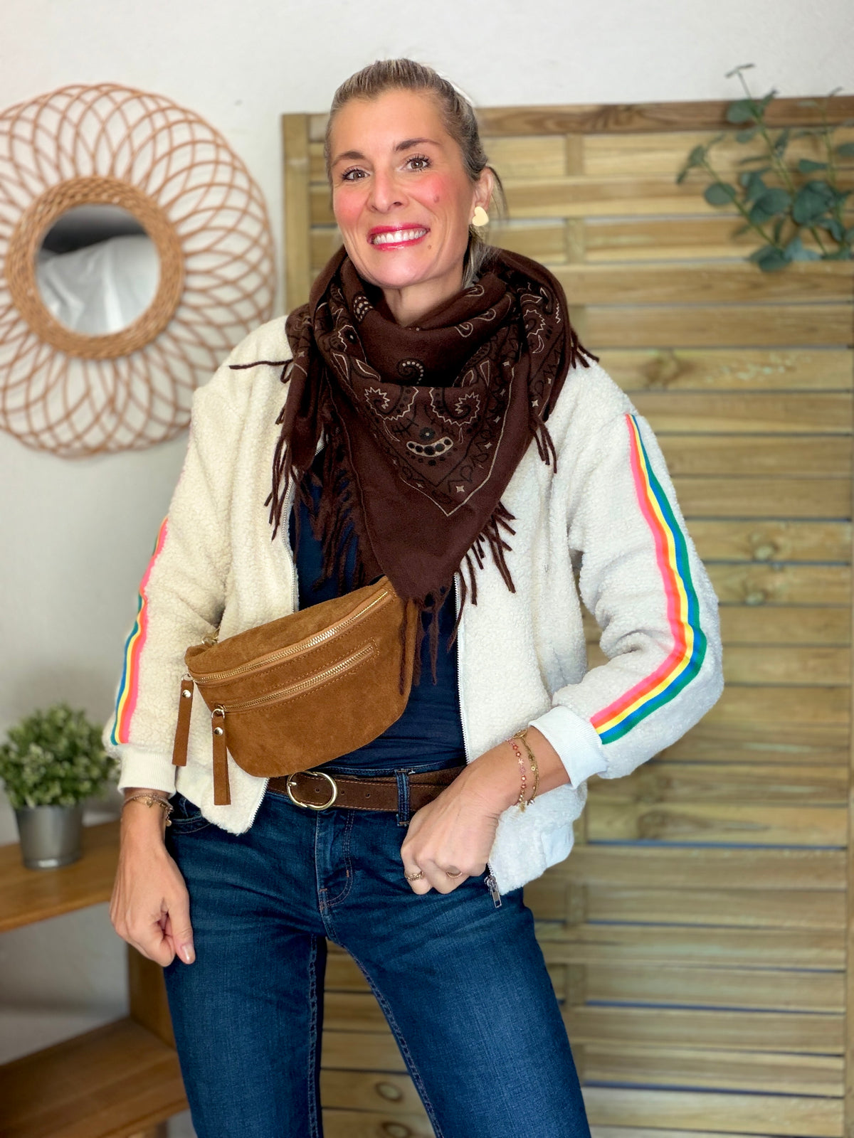 Veste Sherpa zippée bandes Arc-en-ciel CORALIE Beige🌈