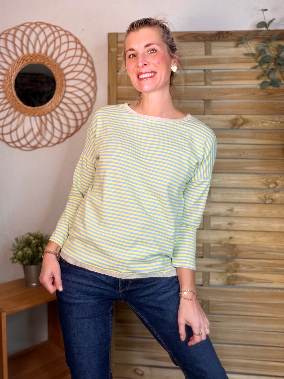 Pull fin rayé ample ROMANE - Bleu/Jaune - FIN DE SÉRIE