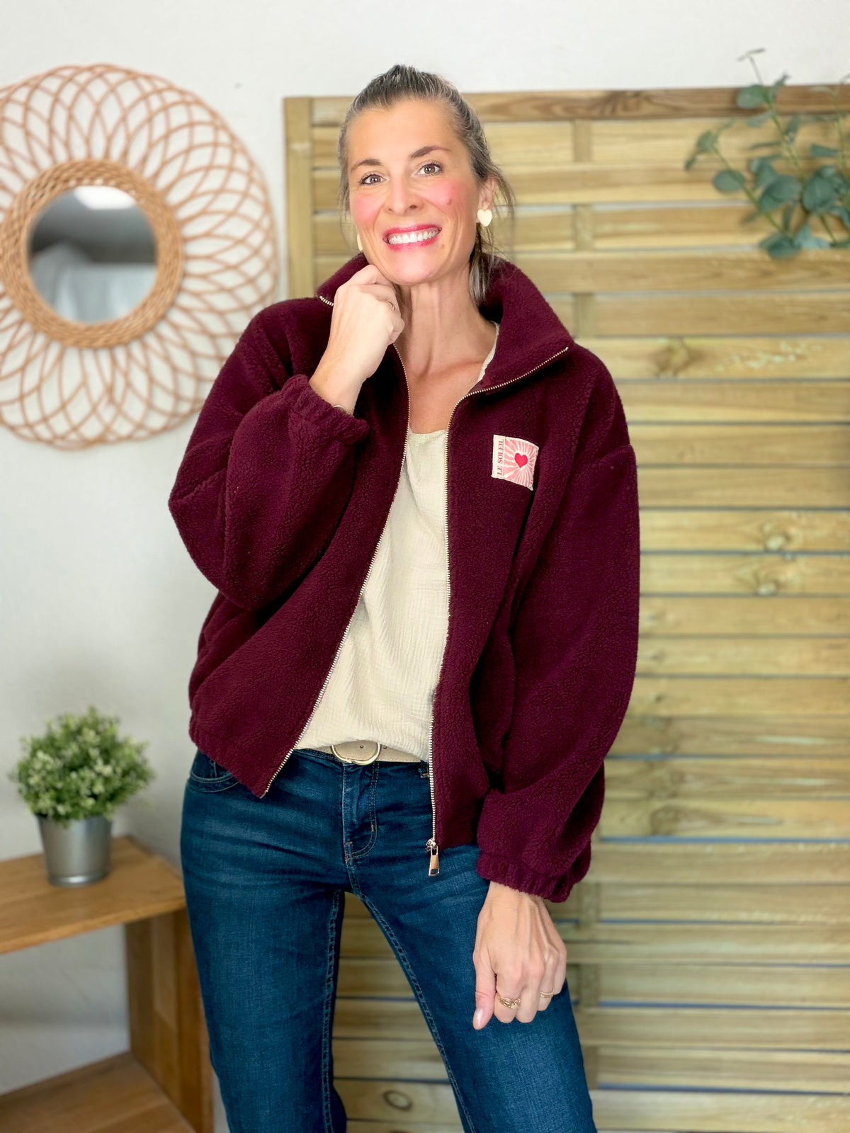 ⚡️ARRIVAGE • Veste teddy Sherpa zippée « Soleil » DORO Bordeaux
