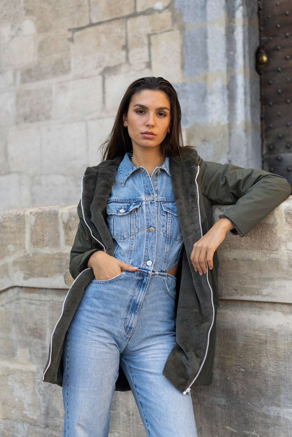 LAURA JO - Parka Imperméable réversible fourrée Kaki / Kaki ALIX Long • DÉSTOCKAGE sur Taille S