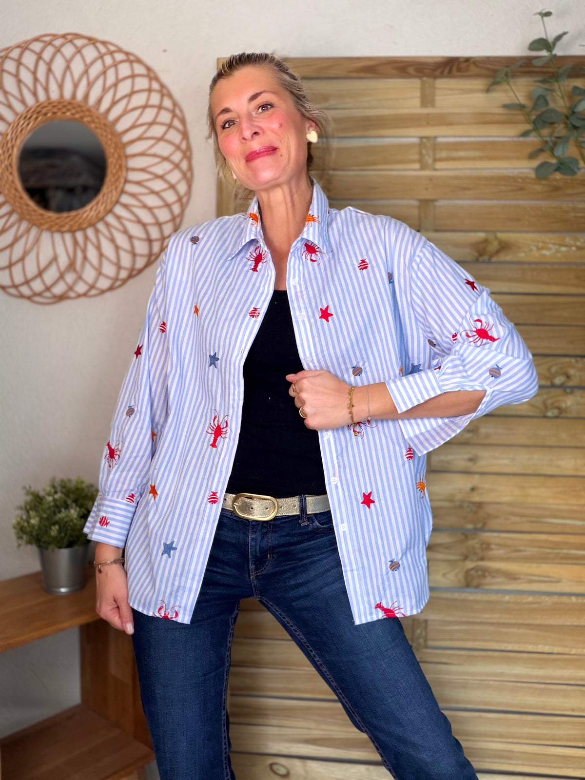 Chemise bleue à rayures coquillages et crustacés - ELORY - FIN DE SÉRIE