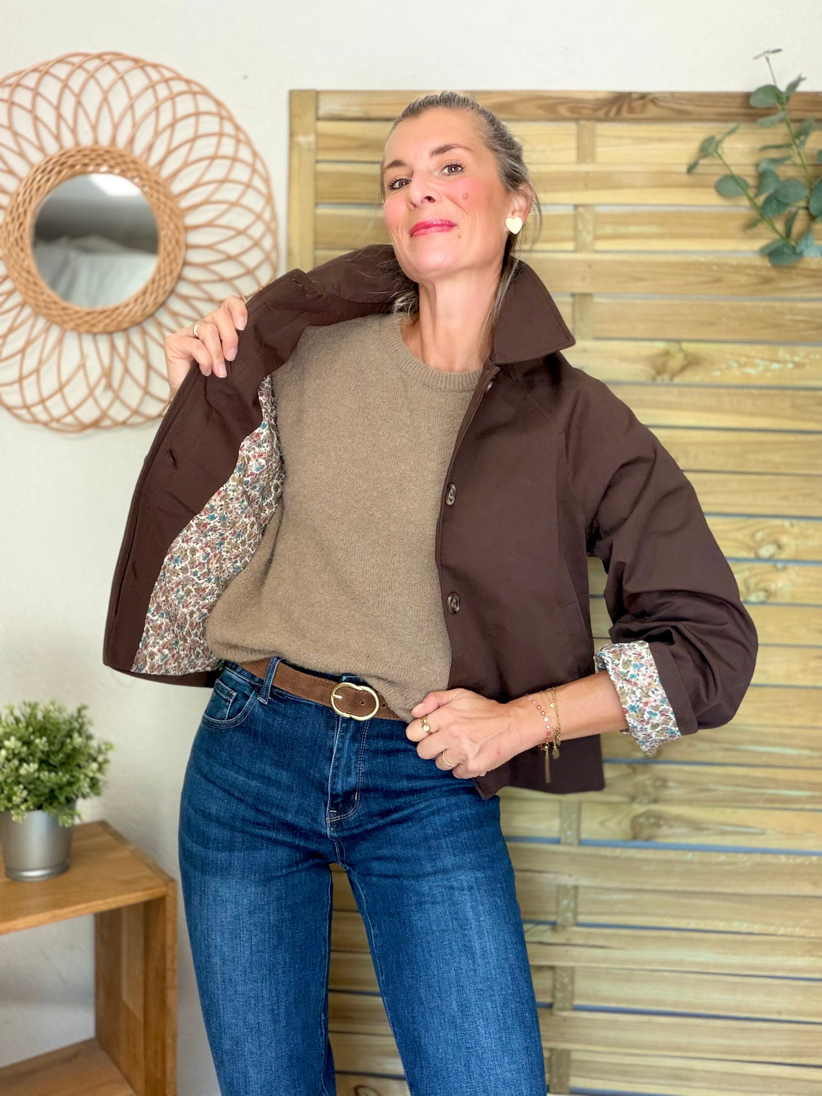 Veste Trench en coton Chocolat avec Liberty - MAHAUT - LILI et LALA