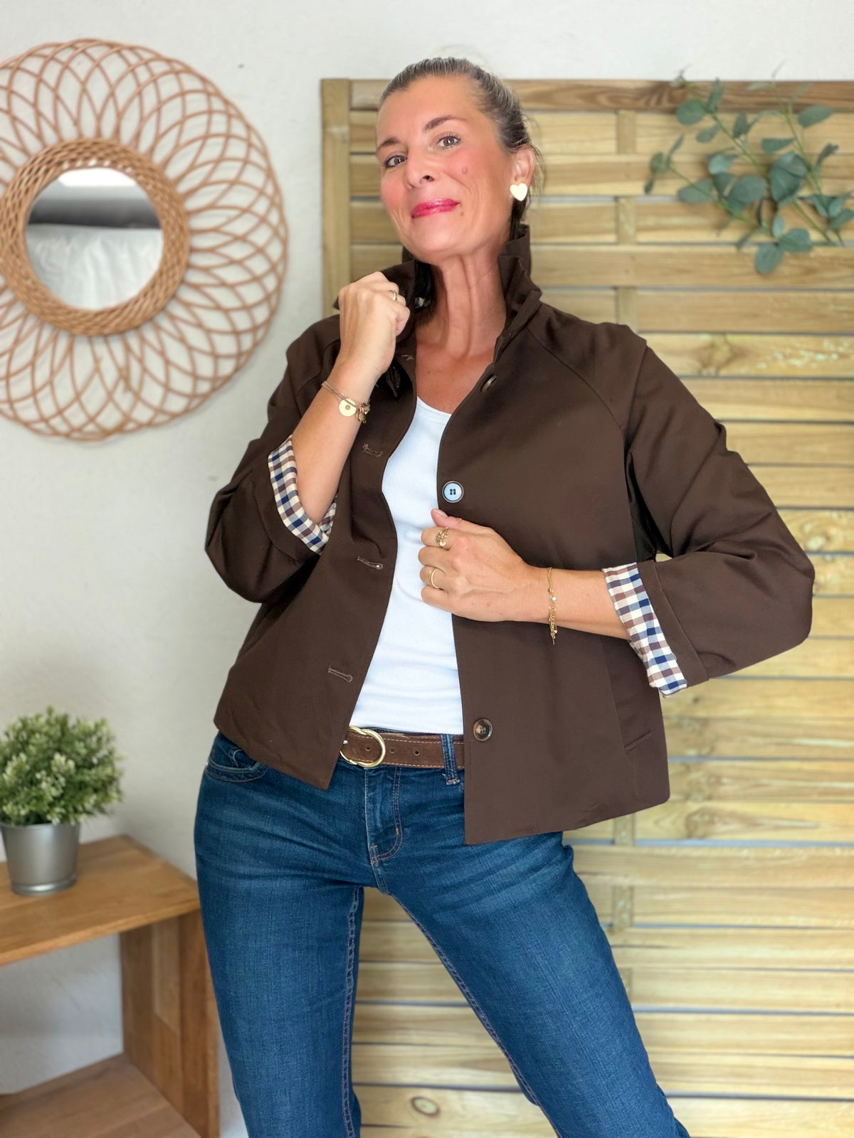 Veste Trench col victorien doublure carreaux - VICTORIA Chocolat
