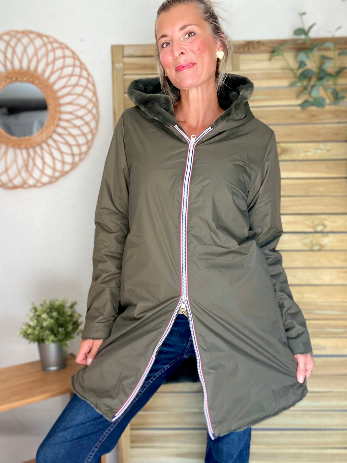 LAURA JO - Parka Imperméable réversible fourrée Kaki / Kaki ALIX Long • DÉSTOCKAGE sur Taille S