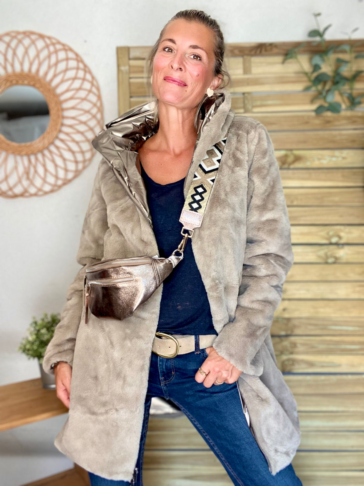 LAURA JO - Parka Imperméable réversible fourrée Bronze / Beige ALIX Long