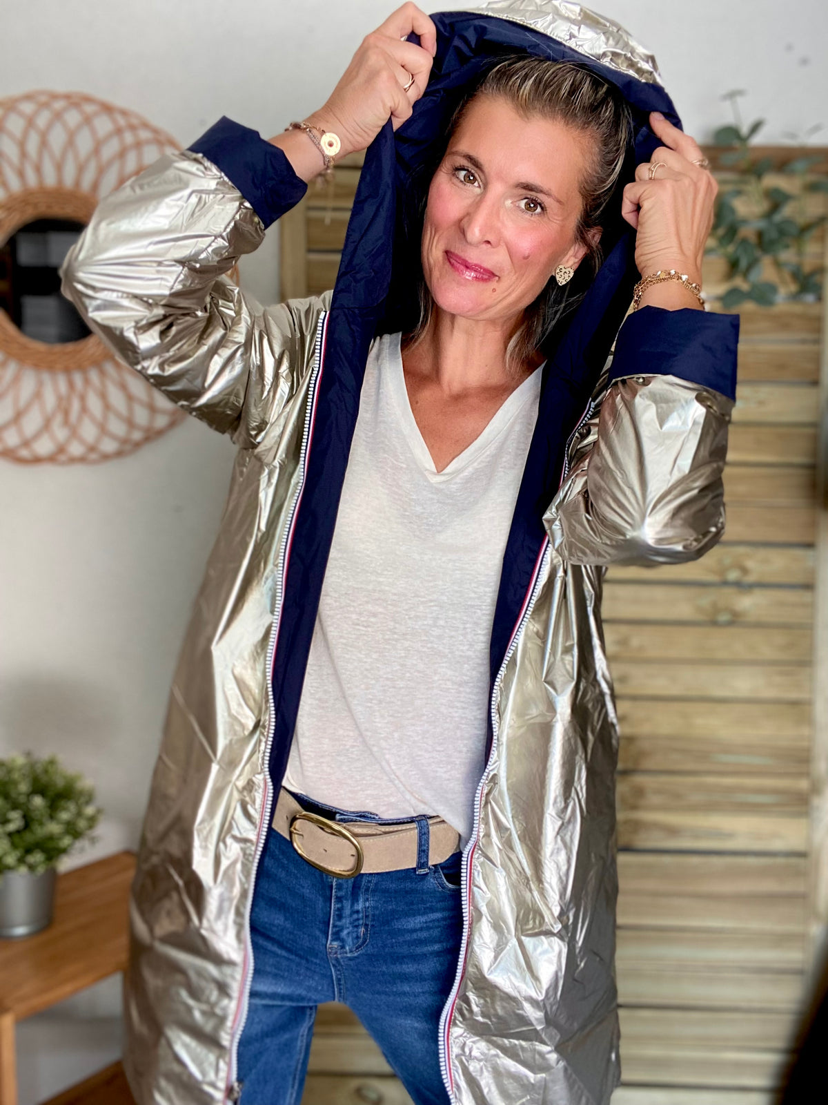 LAURA JO - Imperméable réversible rembourré LOUISON LONG - Marine/Doré