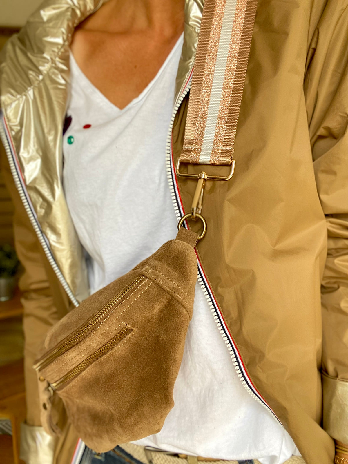 Sac banane double poche en cuir daim - OPALINE - Taupe