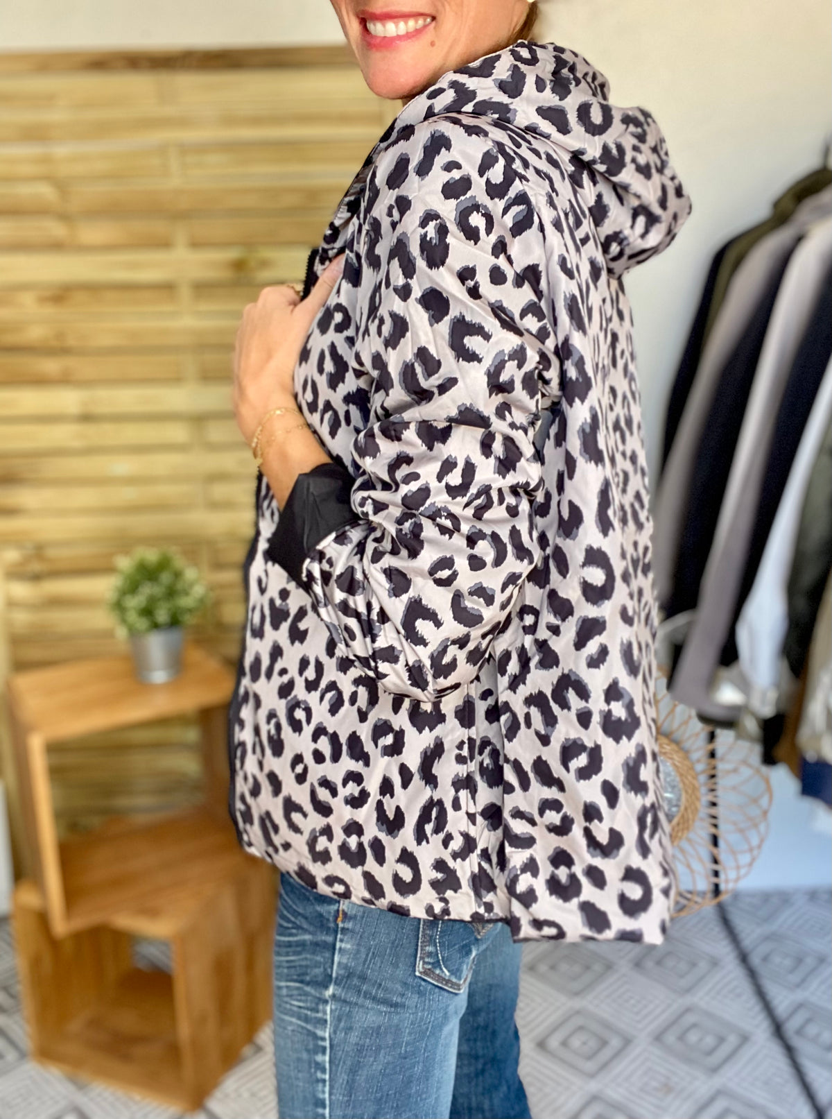 LAURA JO - Imperméable réversible rembourré LOUISON COURT - Noir / léo • DÉSTOCKAGE sur Taille XL