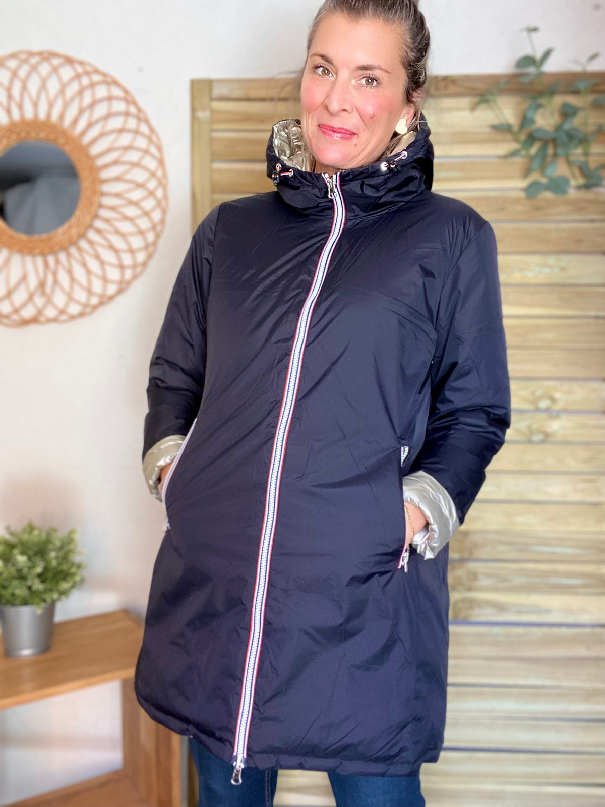 LAURA JO - Doudoune réversible imperméable longue INÈS - Noir / Doré - FIN DE SÉRIE