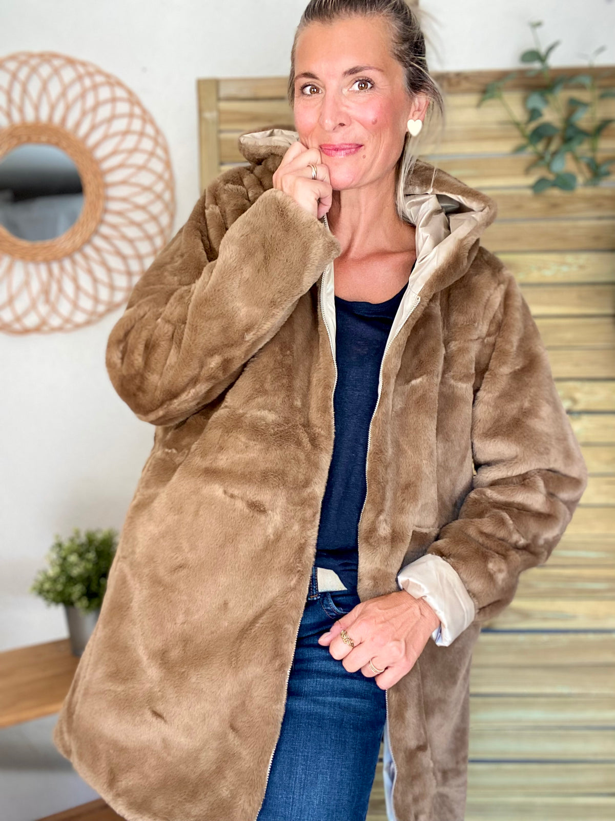 LAURA JO - Parka Imperméable réversible fourrée Sable irisé / Camel ALIX Long