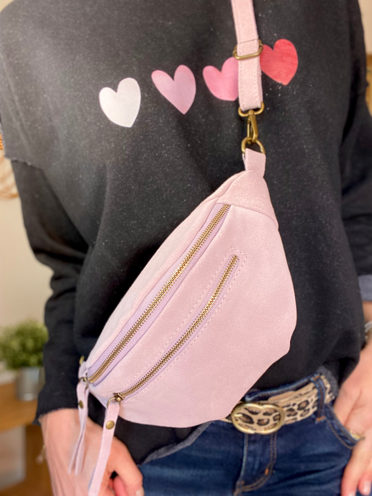 Sac banane double poche en cuir daim - OPALINE - Lilas