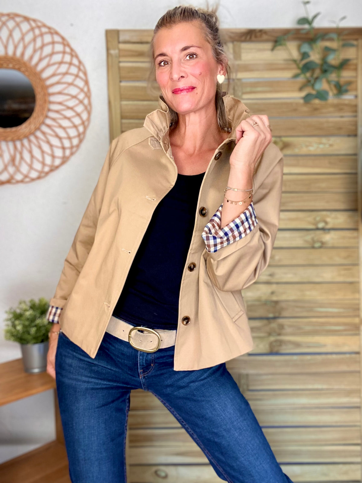Veste Trench col victorien doublure carreaux - VICTORIA Beige Taupe