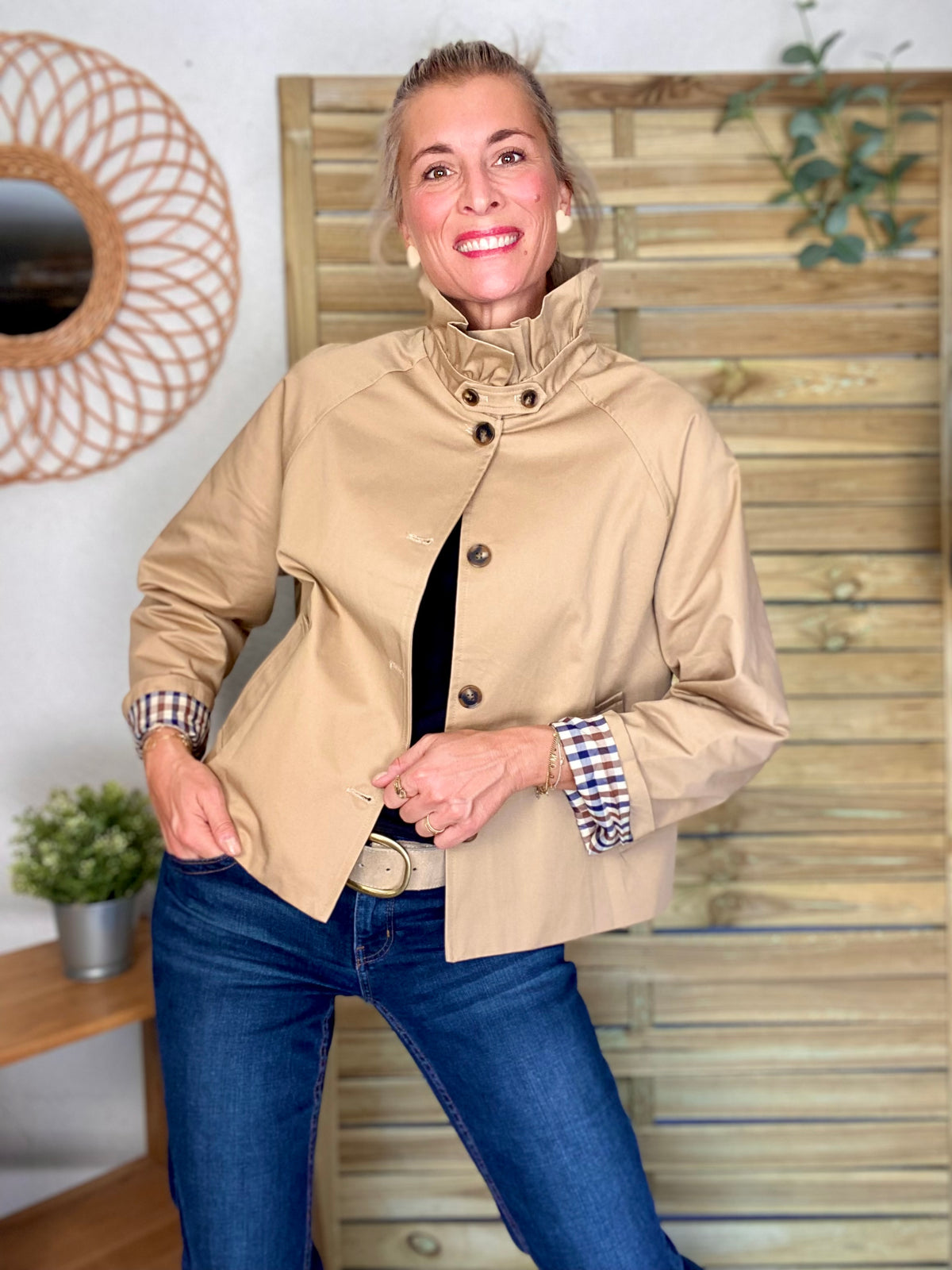 Veste Trench col victorien doublure carreaux - VICTORIA Beige Taupe