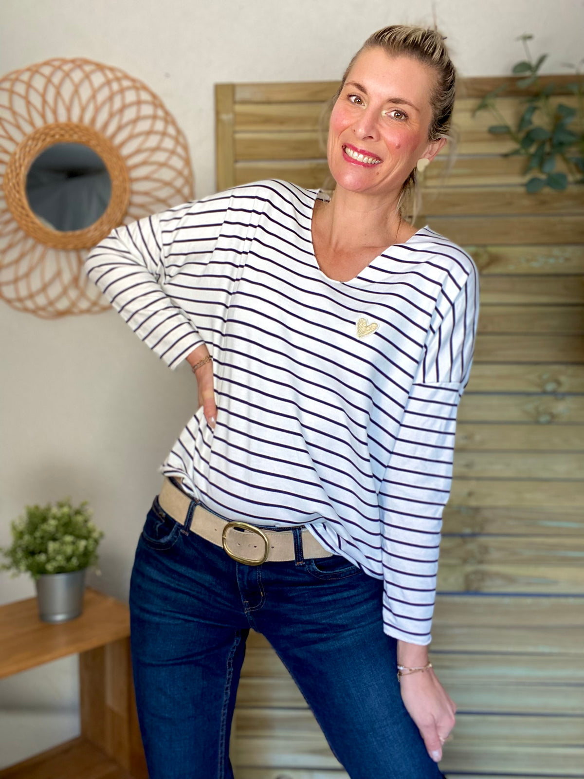 Pull fin rayé col V avec ou sans coeur doré 💛 NOLWENN - Bleu marine