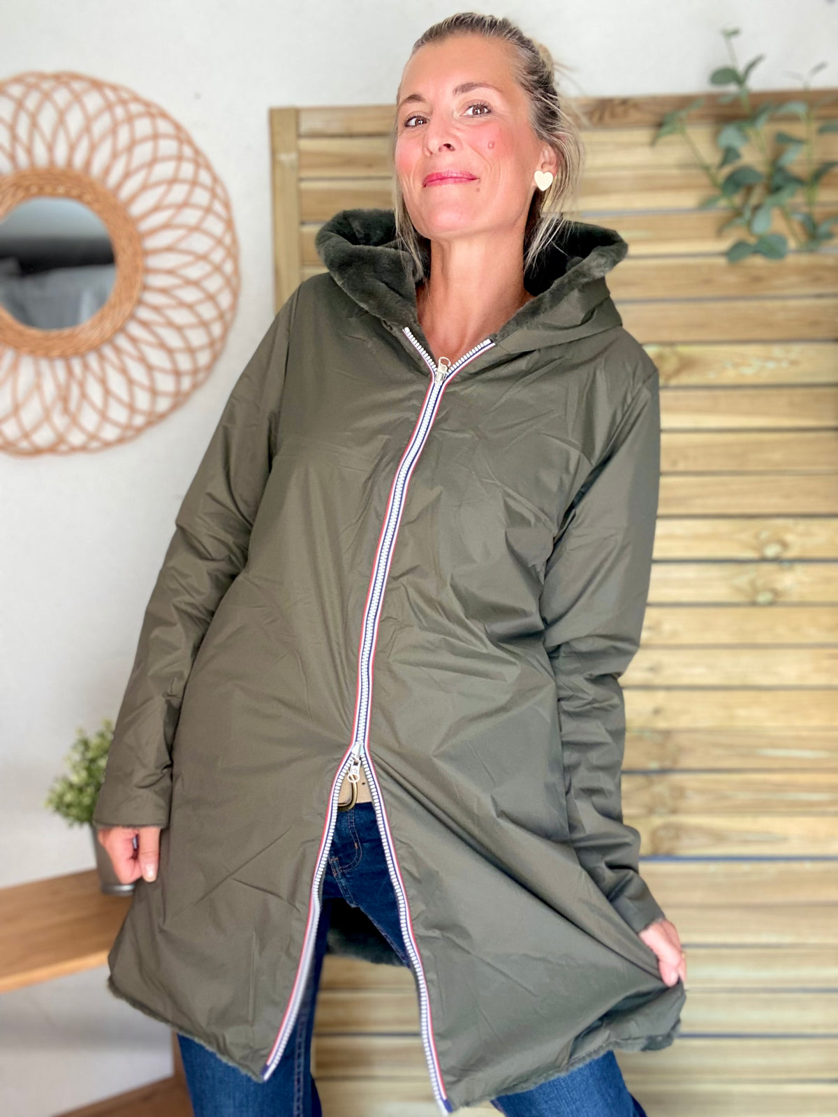 LAURA JO - Parka Imperméable réversible fourrée Kaki / Kaki ALIX Long • DÉSTOCKAGE sur Taille S