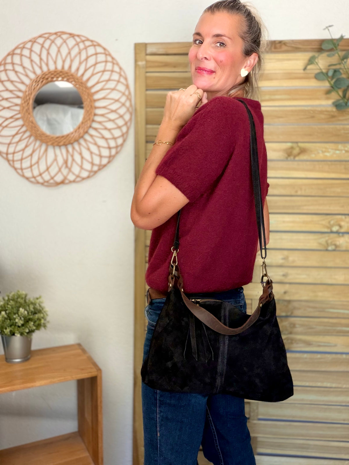Sac hobo en cuir daim souple, double bandoulière ANDREW Noir