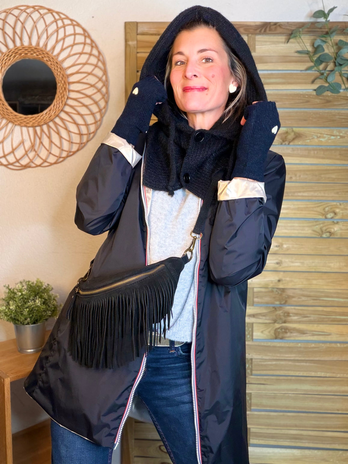 Col cagoule LORIE en maille avec boutons - Noir