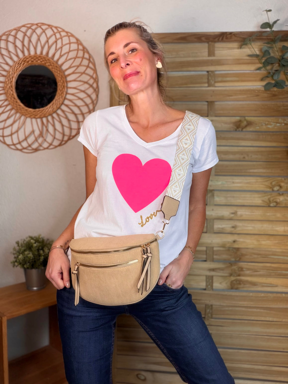 Sac banane en velours côtelé, sangle fantaisie - KATY - Camel clair - FIN DE SÉRIE