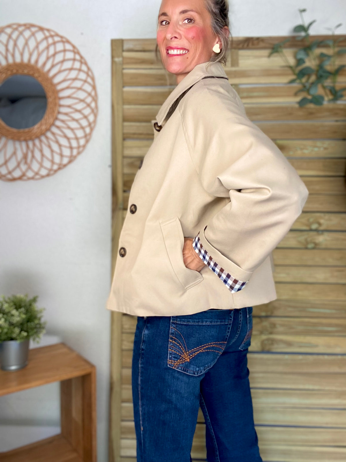 Veste Trench en coton, revers carreaux - YSEULT court Beige