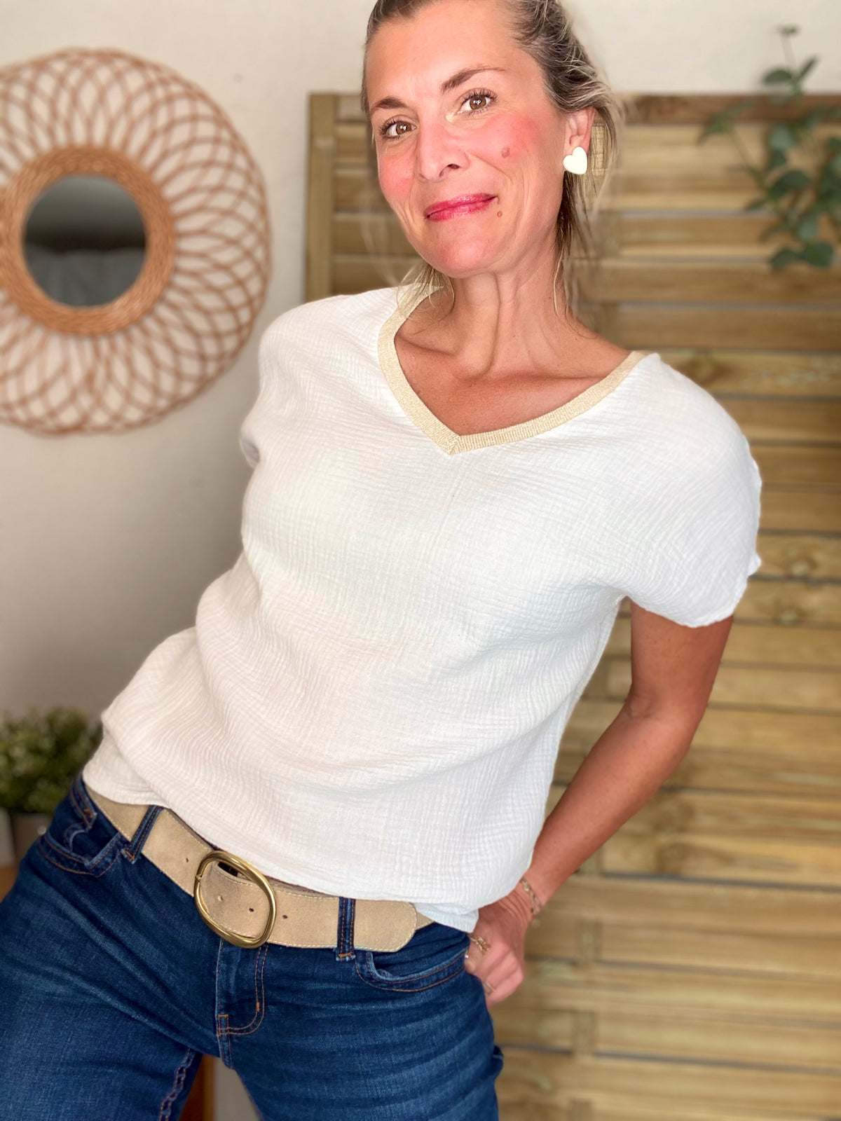 Top en gaze de coton et lurex MARTA - Blanc