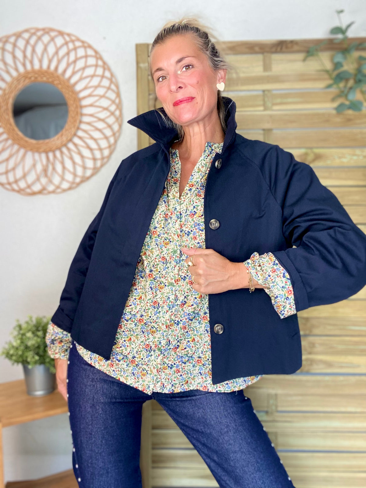 Veste Trench en coton bleu marine avec Liberty - MAHAUT- LILI et LALA