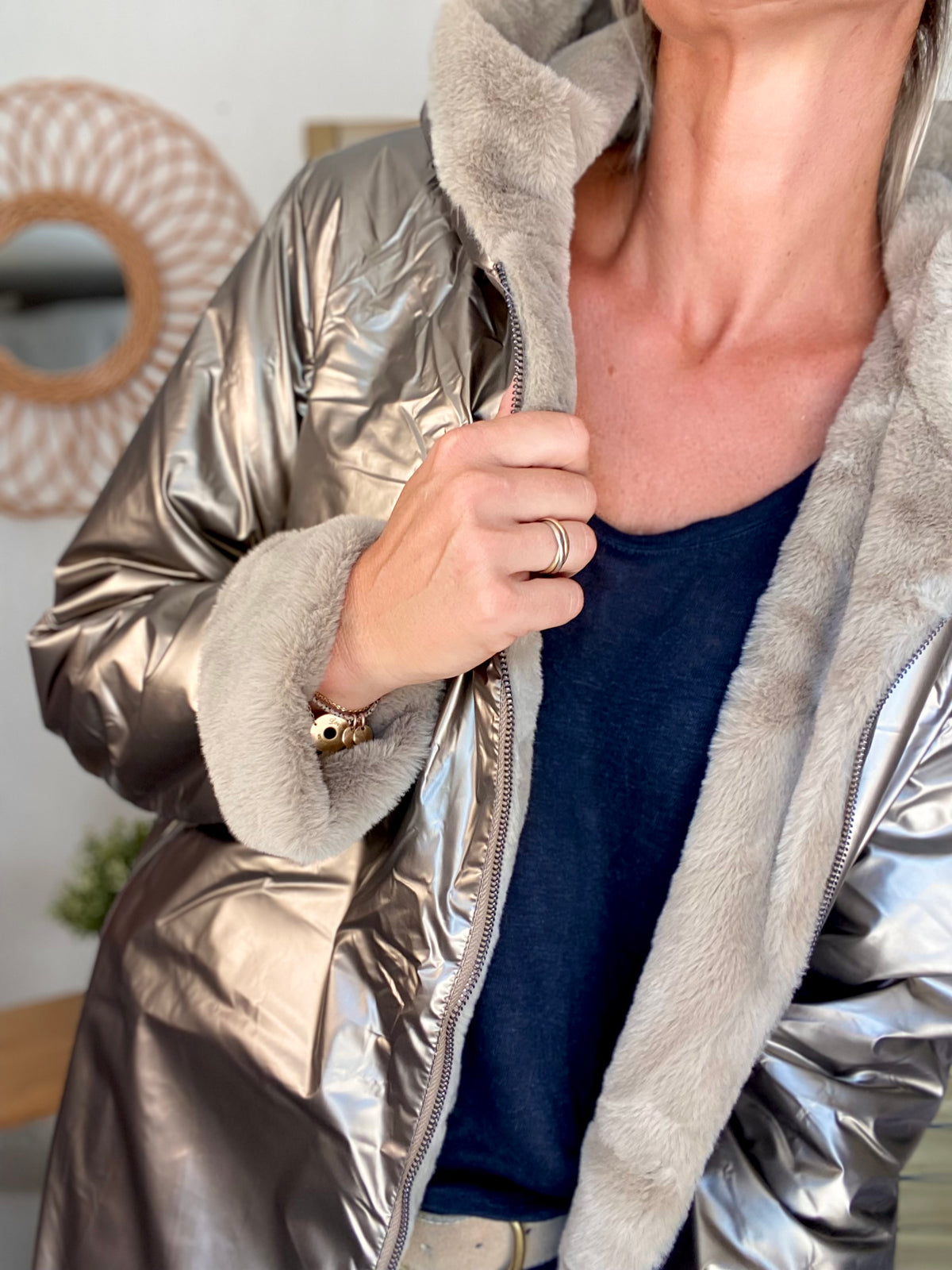 LAURA JO - Parka Imperméable réversible fourrée Bronze / Beige ALIX Long