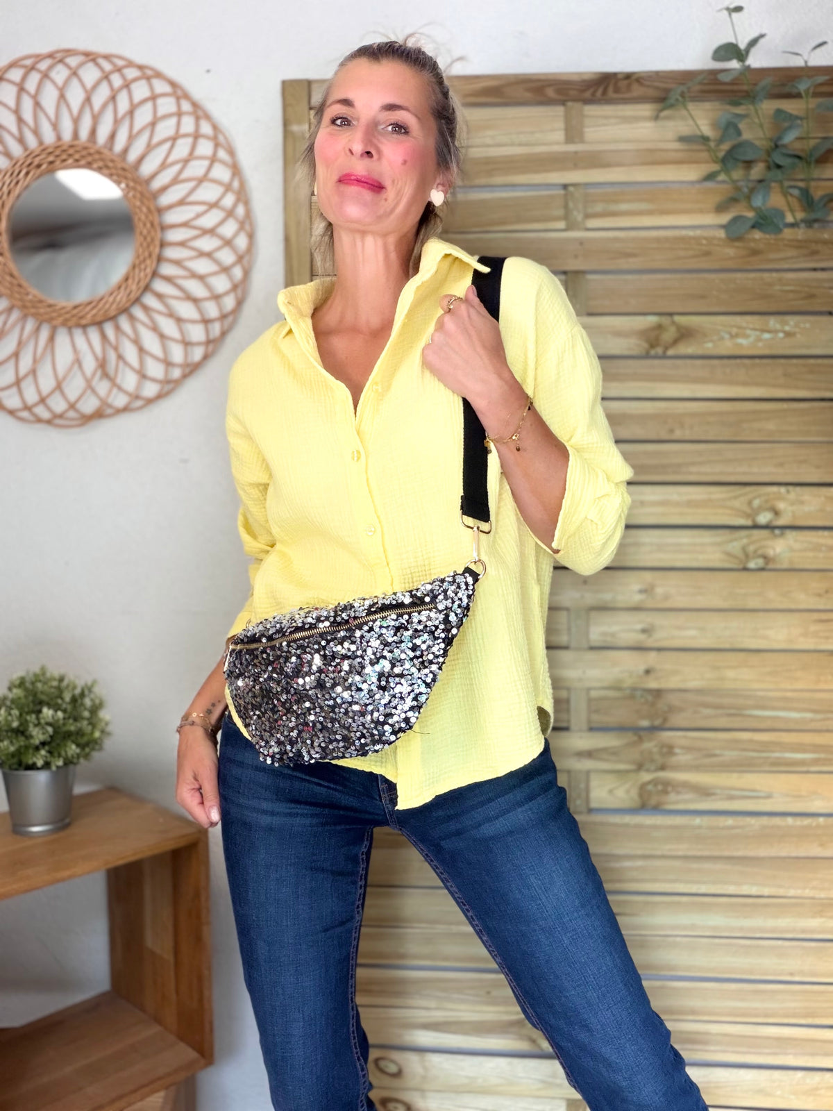Sac banane L velours à sequins Ciao Boum- TAYLOR - Noir / Argent - DÉSTOCKAGE
