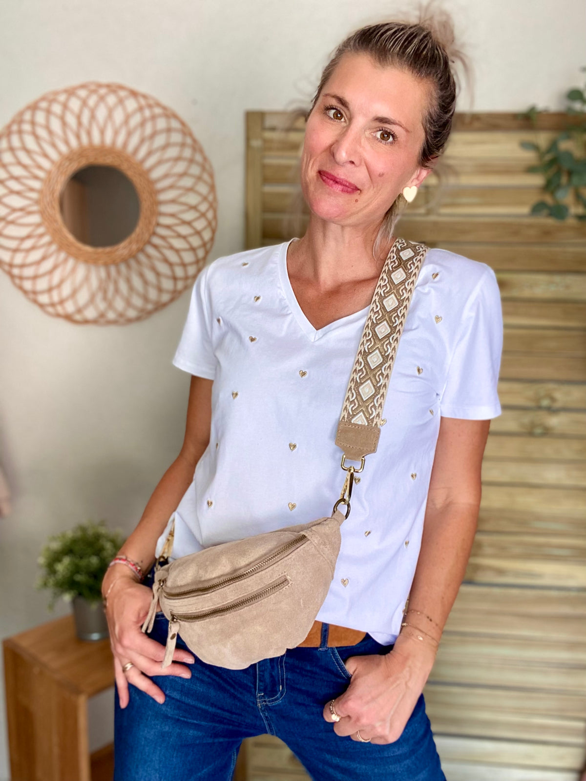 Sac banane double poche en cuir daim - OPALINE - Beige