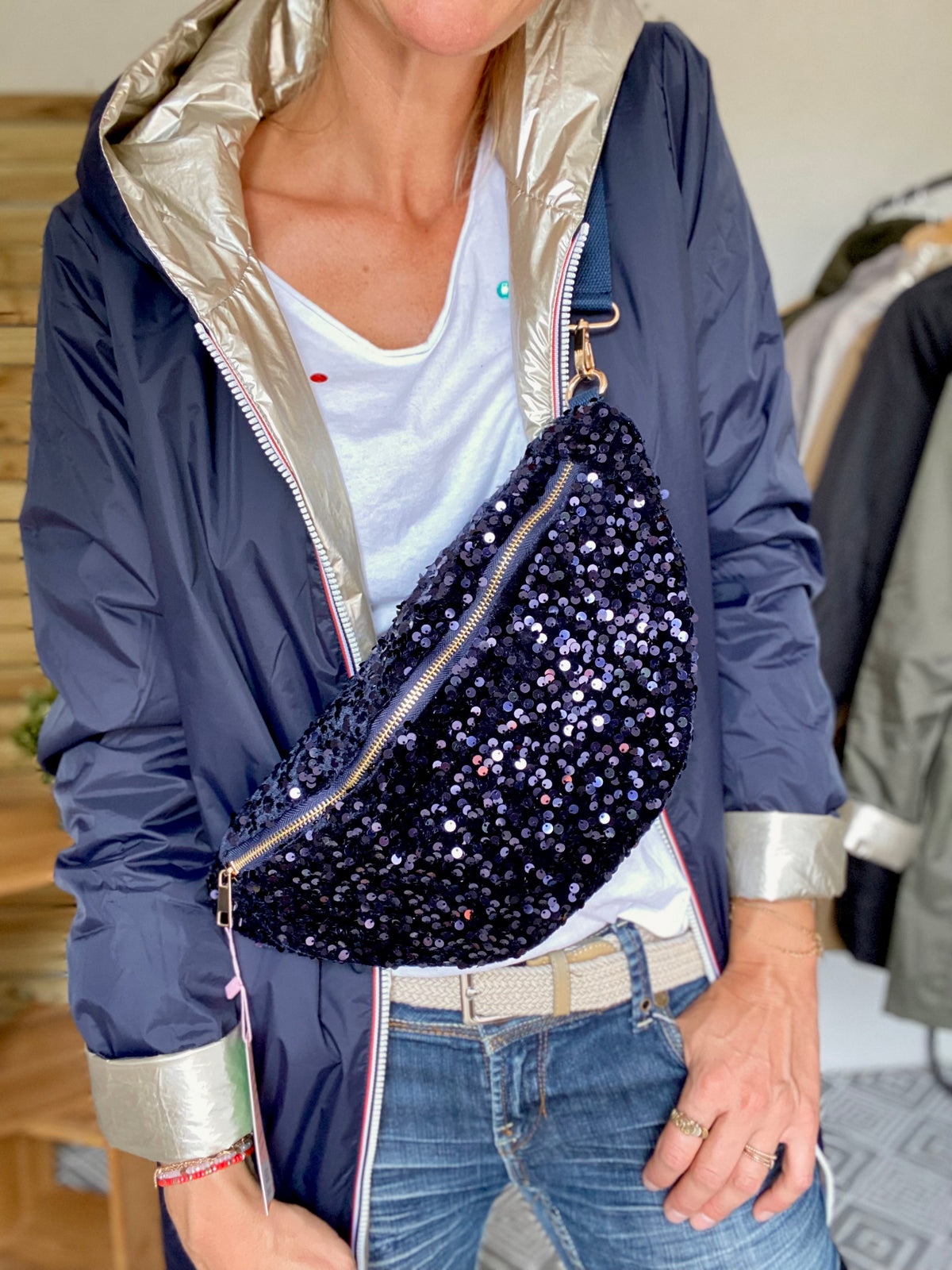 Sac banane L velours à sequins Ciao Boum - TAYLOR - Bleu marine