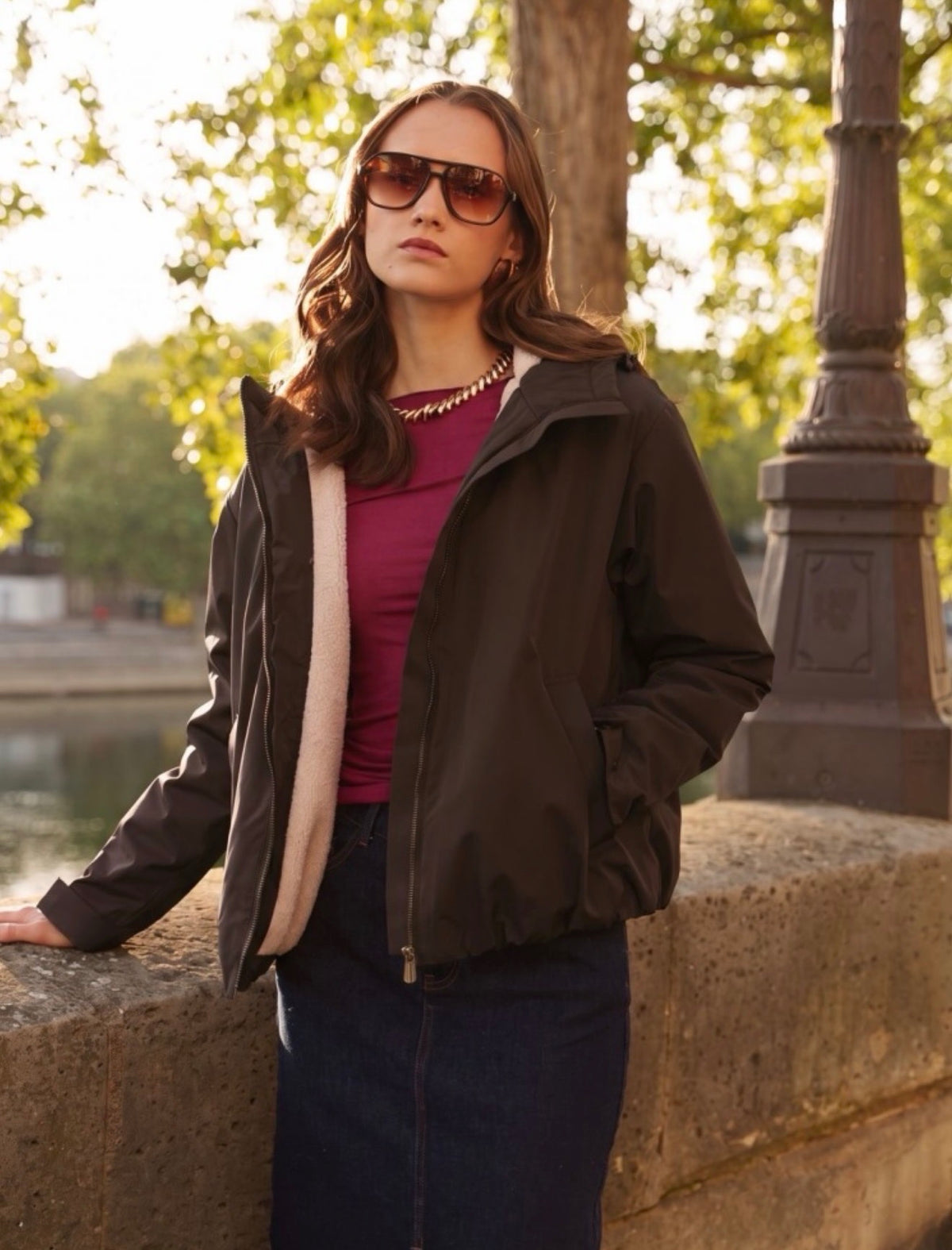 LAURA JO - Imperméable fourré sherpa EVA court - Chocolat