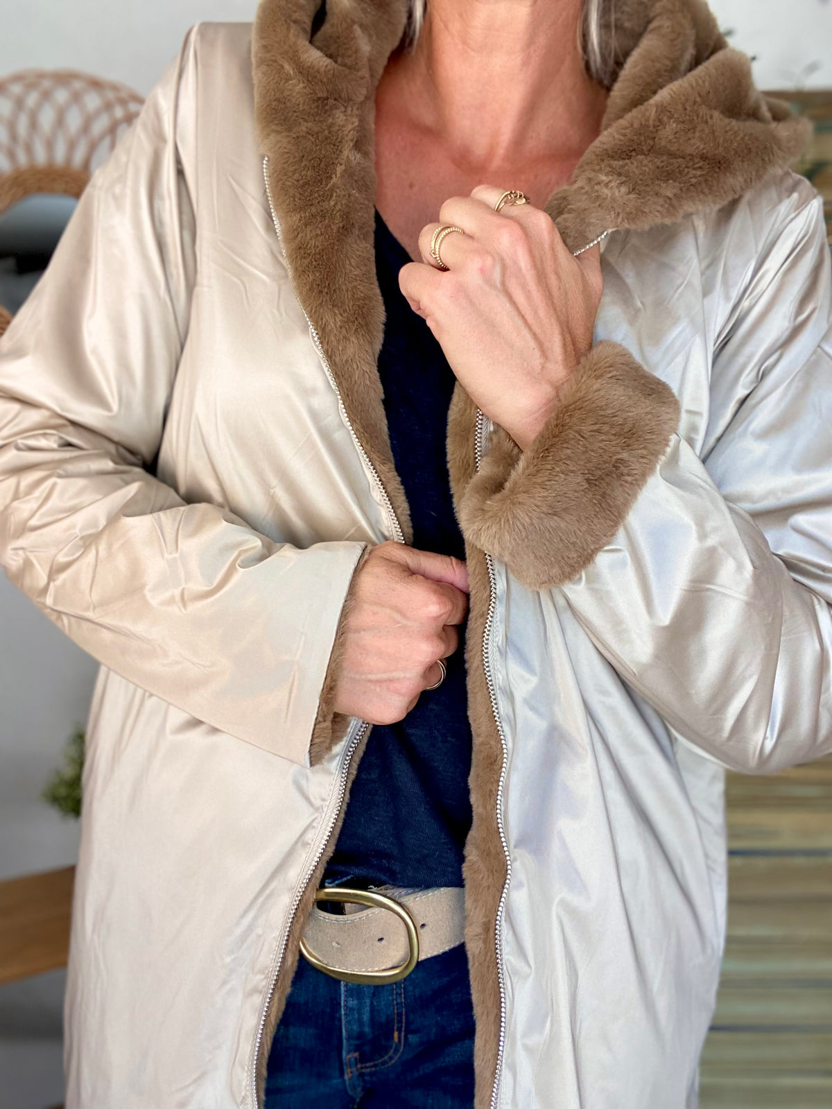 LAURA JO - Parka Imperméable réversible fourrée Sable irisé / Camel ALIX Long