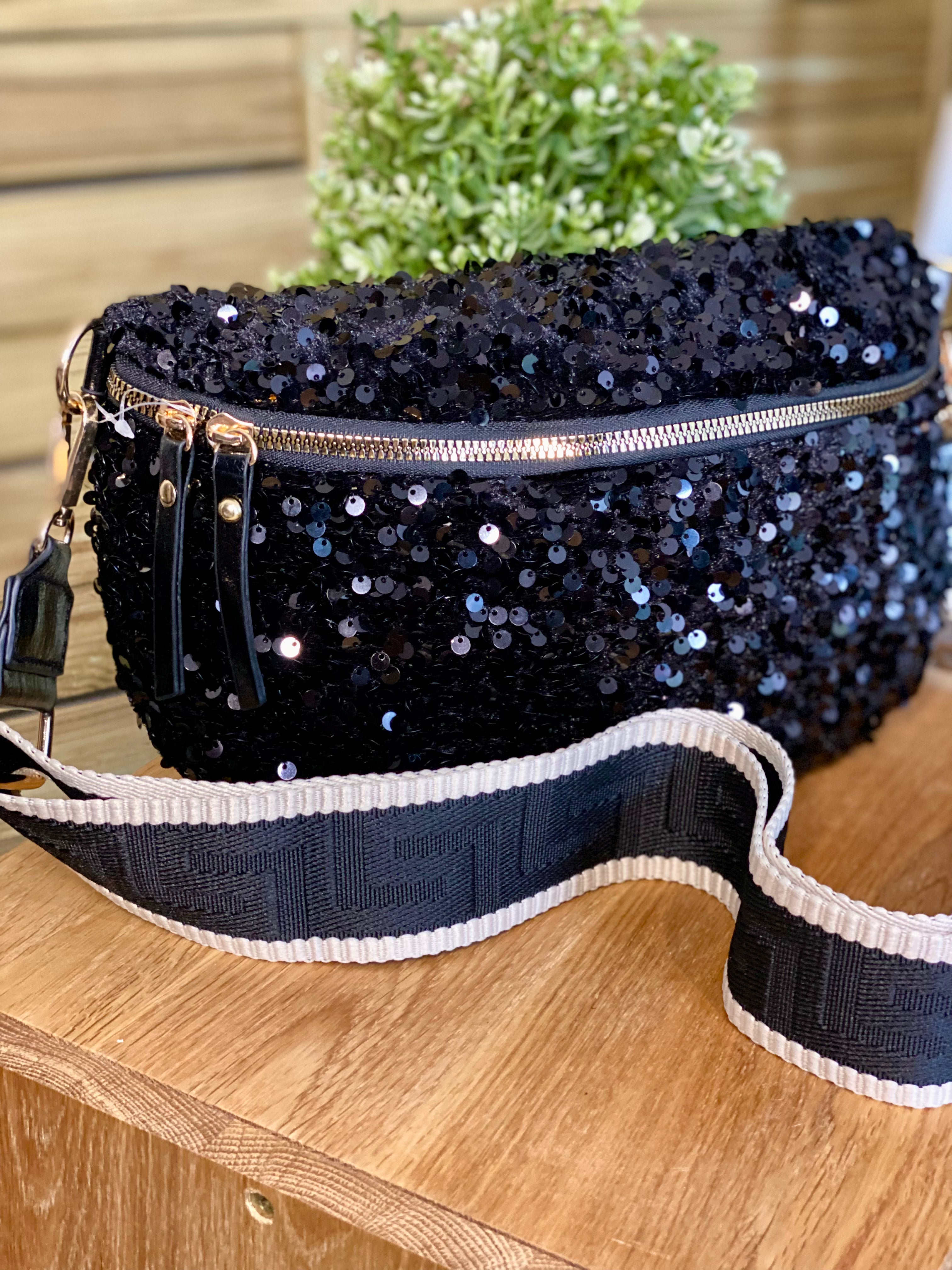 Sac banane L à sequins 30cm et sangle fantaisie - ROXY - Noir