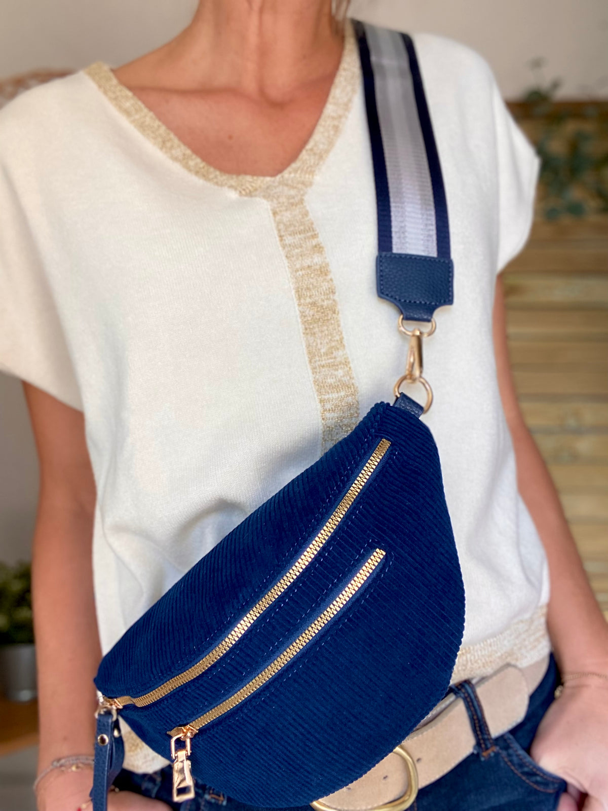 Sac banane en velours côtelé 2 zips et sangle fantaisie - CHARLY - Bleu marine (côtelé fin)