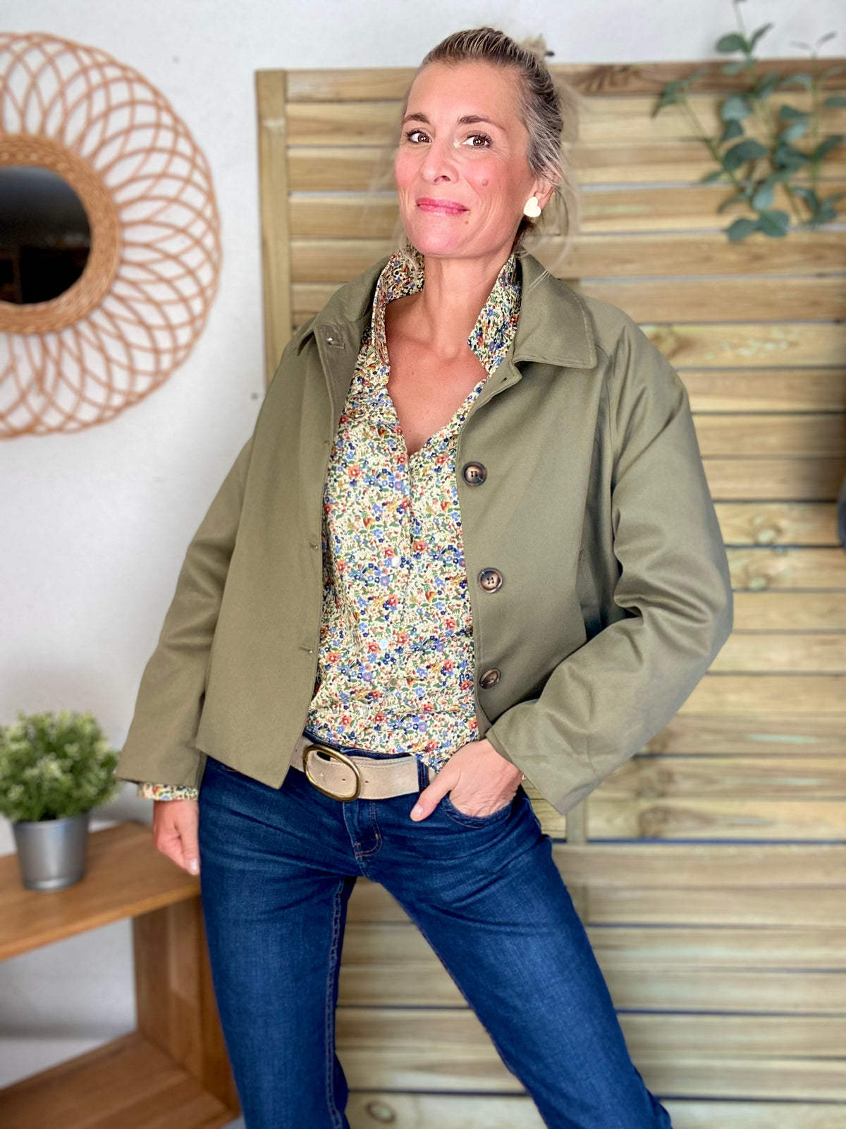 Veste Trench en coton, revers carreaux - YSEULT court Kaki