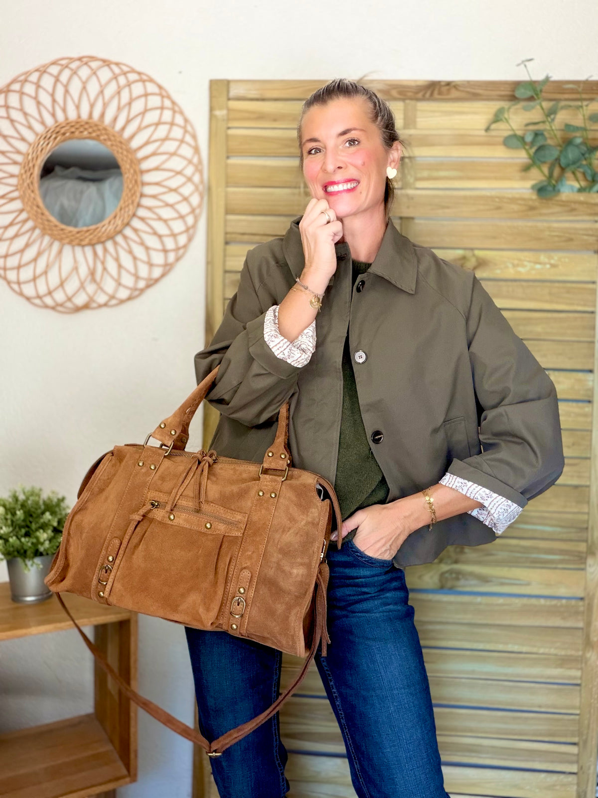 Sac cabas XL en cuir daim • HUNTER Camel