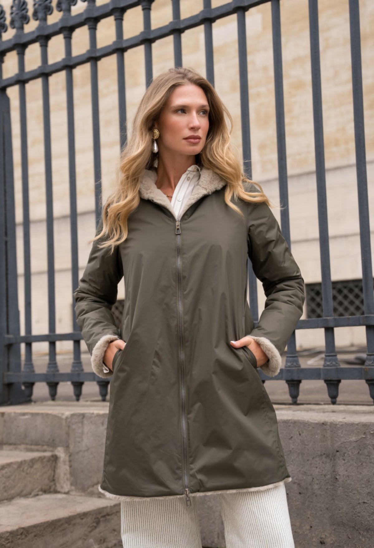 LAURA JO - Parka Imperméable réversible fourrée Kaki / Beige ALIX Long
