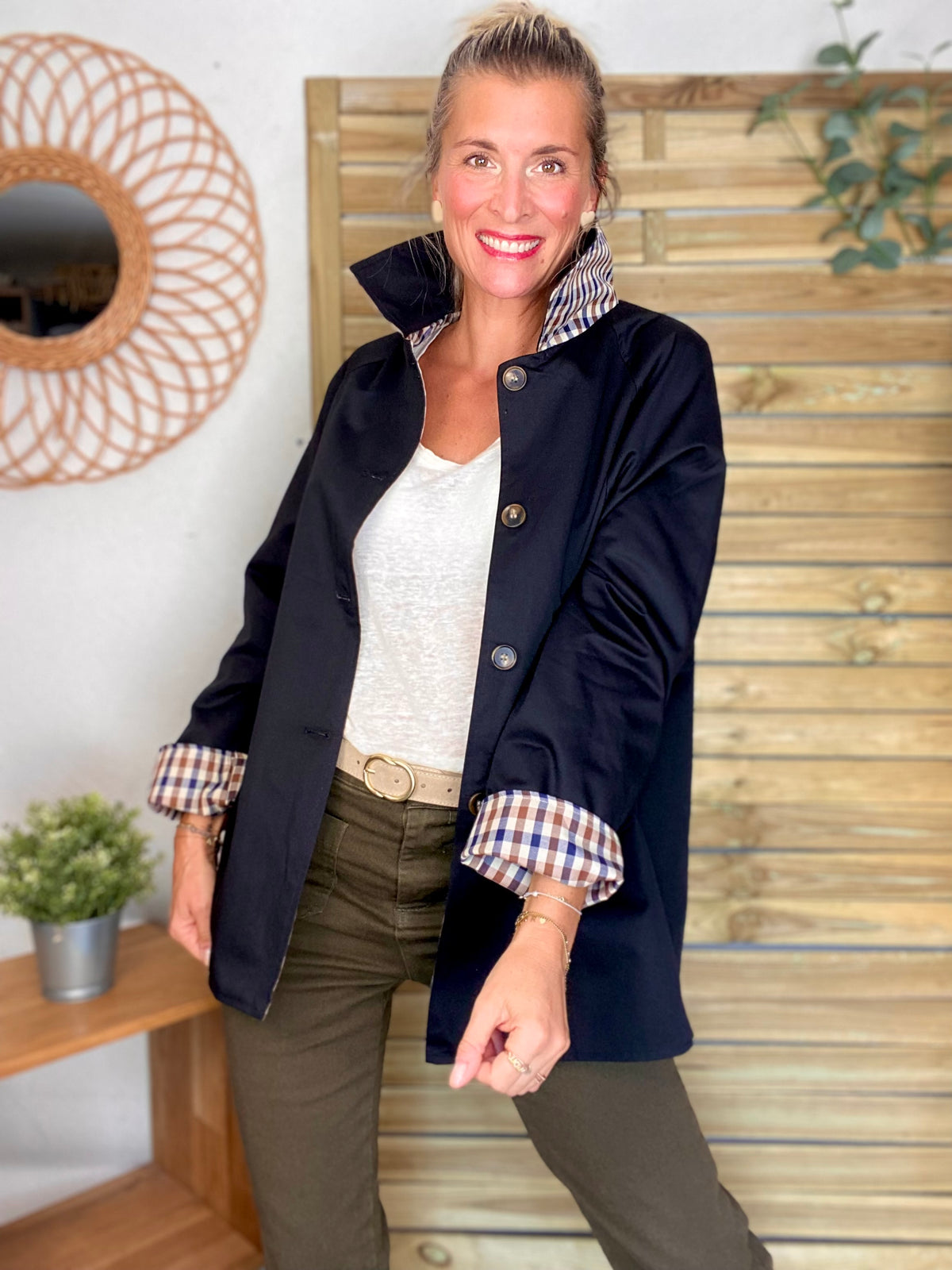 Veste Trench mi long réversible vichy LENA Noir - FIN DE SÉRIE