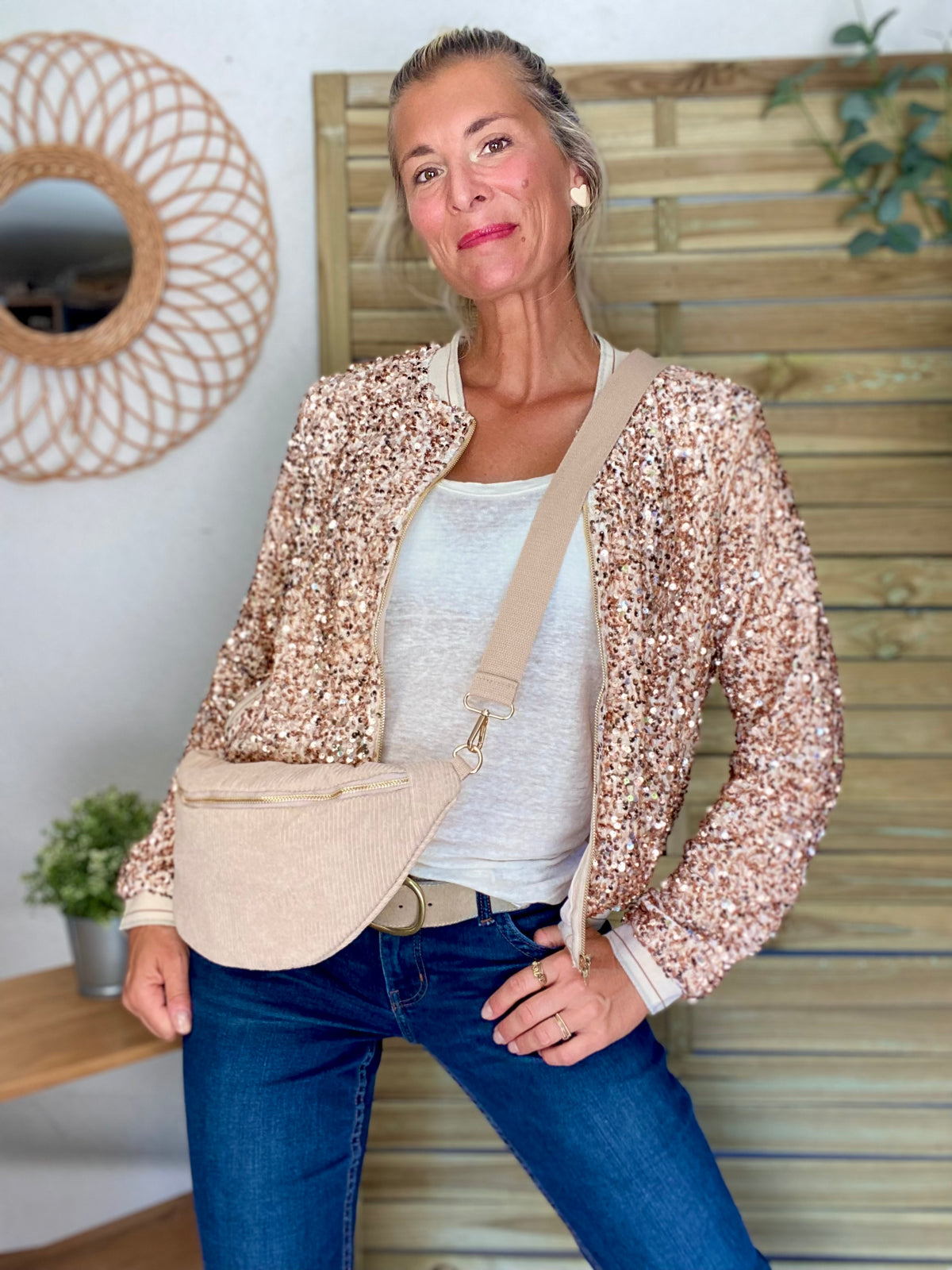 Veste bombers beige avec sequins Rose Gold KIM - FIN DE SÉRIE