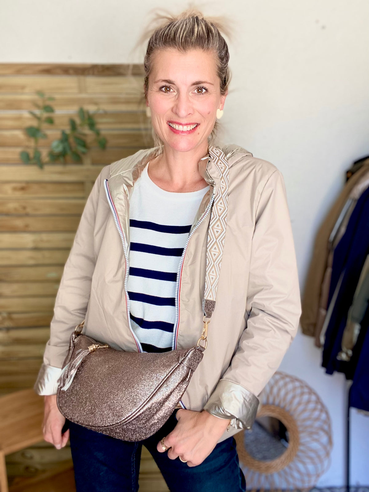 LAURA JO - Imperméable réversible rembourré LOUISON COURT - Beige / Doré • DÉSTOCKAGE sur Taille XL