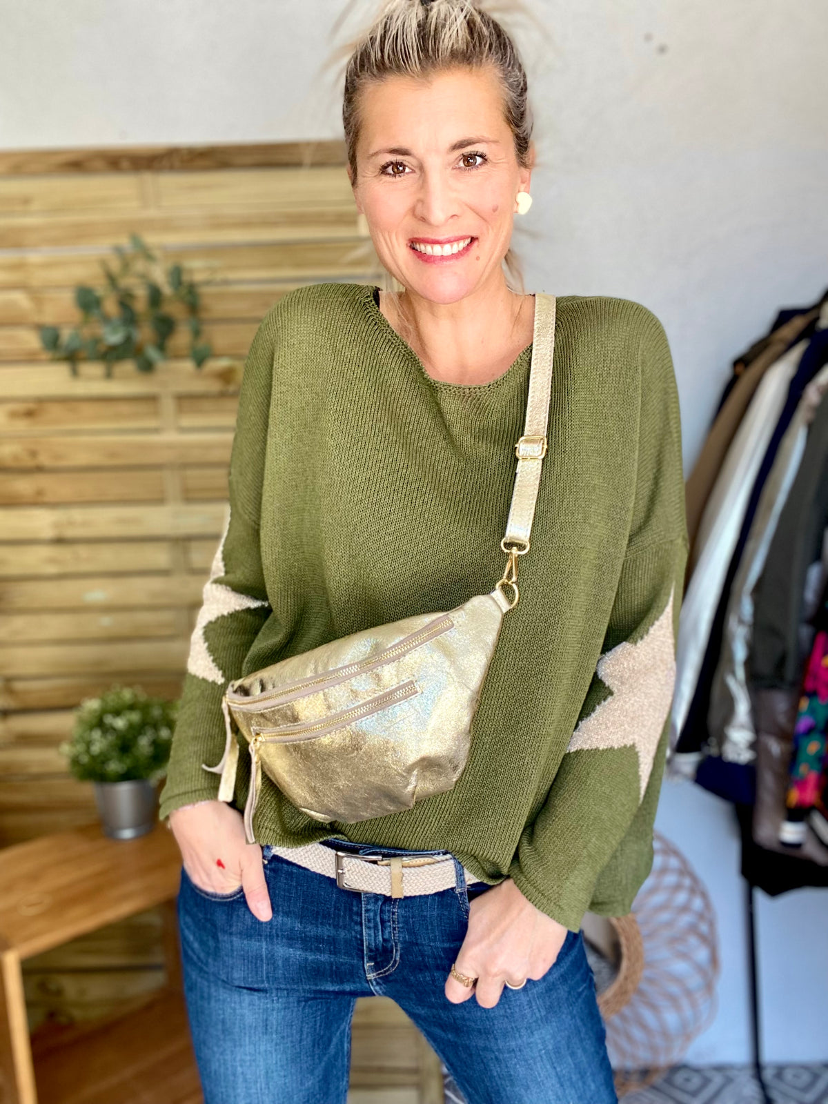 Sac banane en cuir irisé double poche - ERYN fronces - Doré