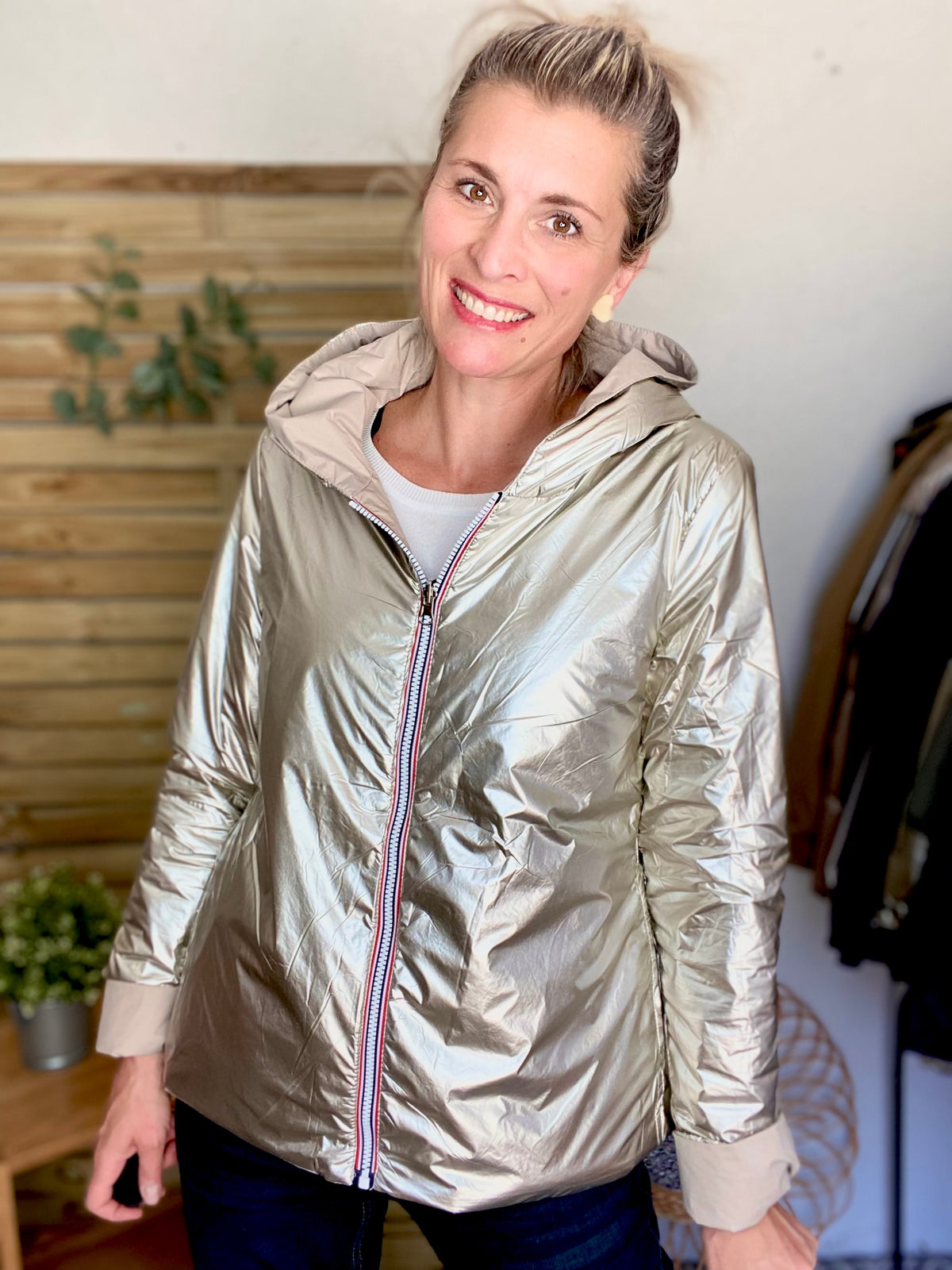 LAURA JO - Imperméable réversible rembourré LOUISON COURT - Beige / Doré • DÉSTOCKAGE sur Taille XL