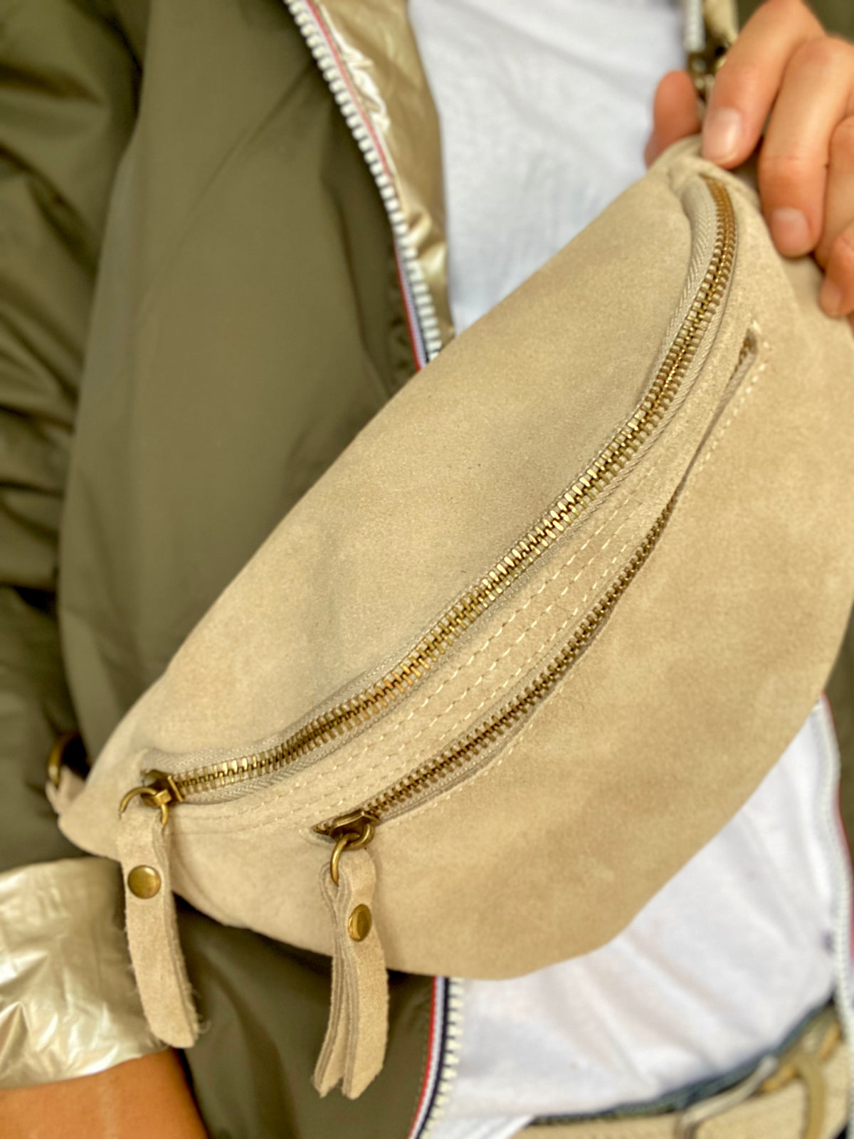 Sac banane double poche en cuir daim - OPALINE - Beige