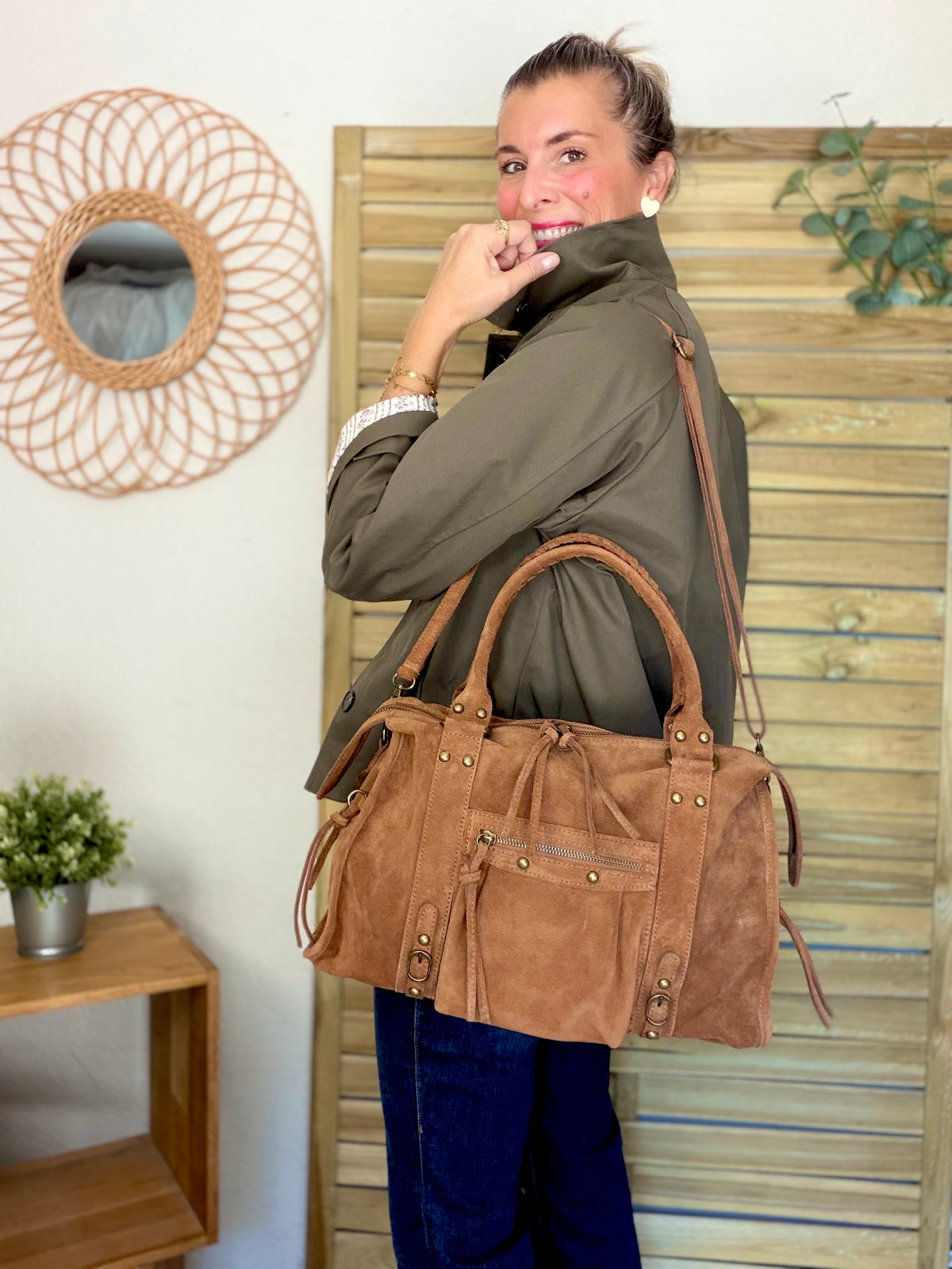 Sac cabas XL en cuir daim • HUNTER Camel
