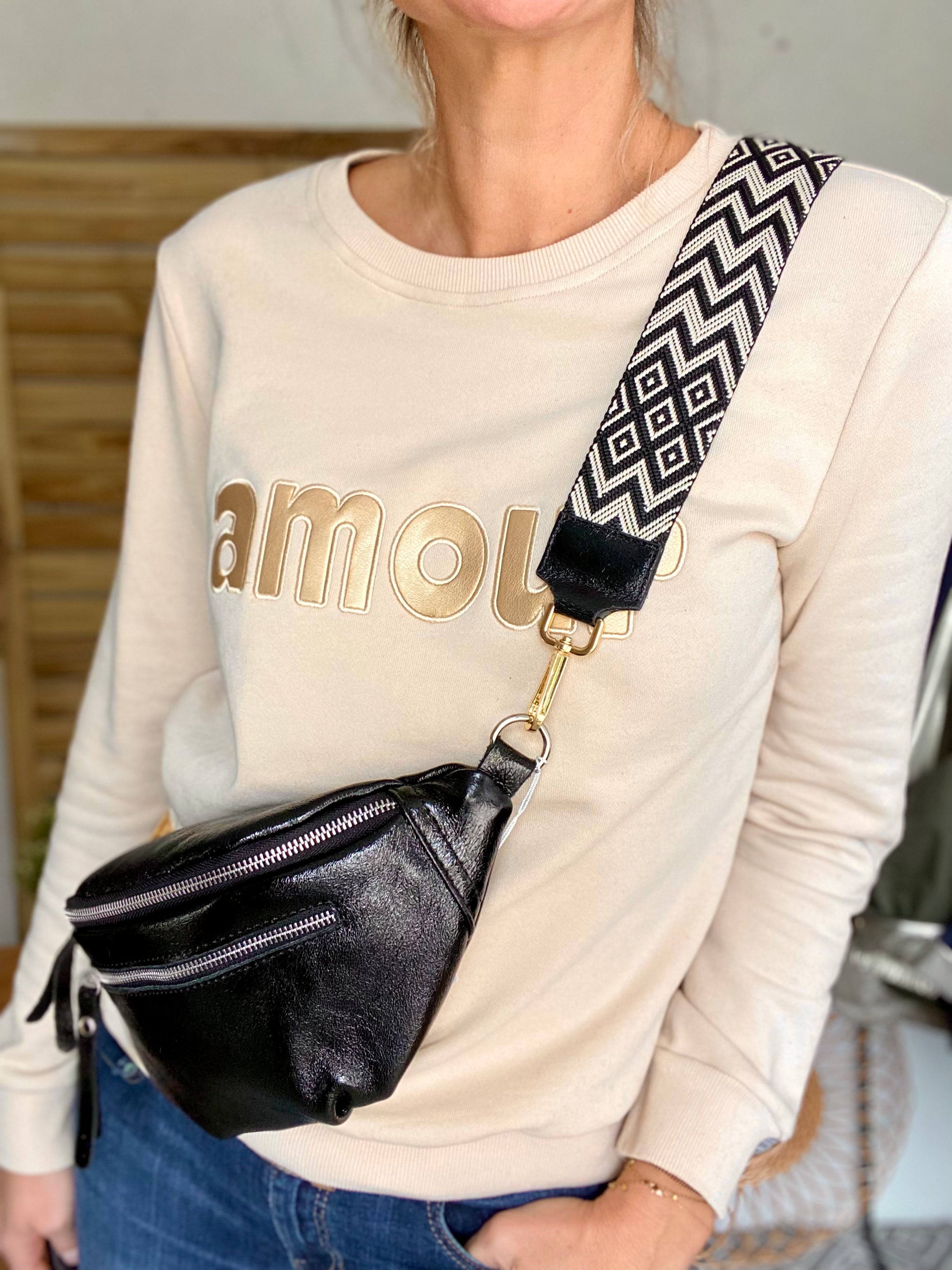 Sac banane en cuir irisé double poche - OPALE - Noir / Argent