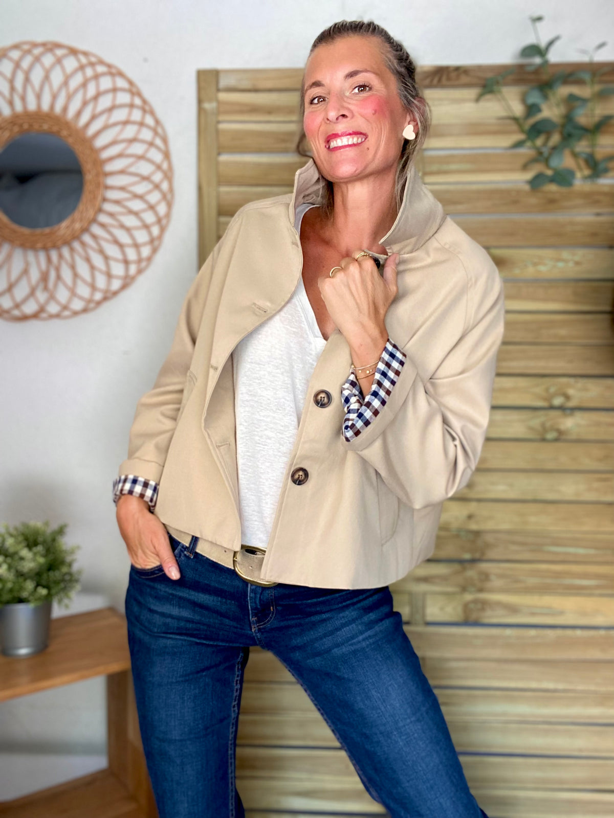Veste Trench en coton, revers carreaux - YSEULT court Beige