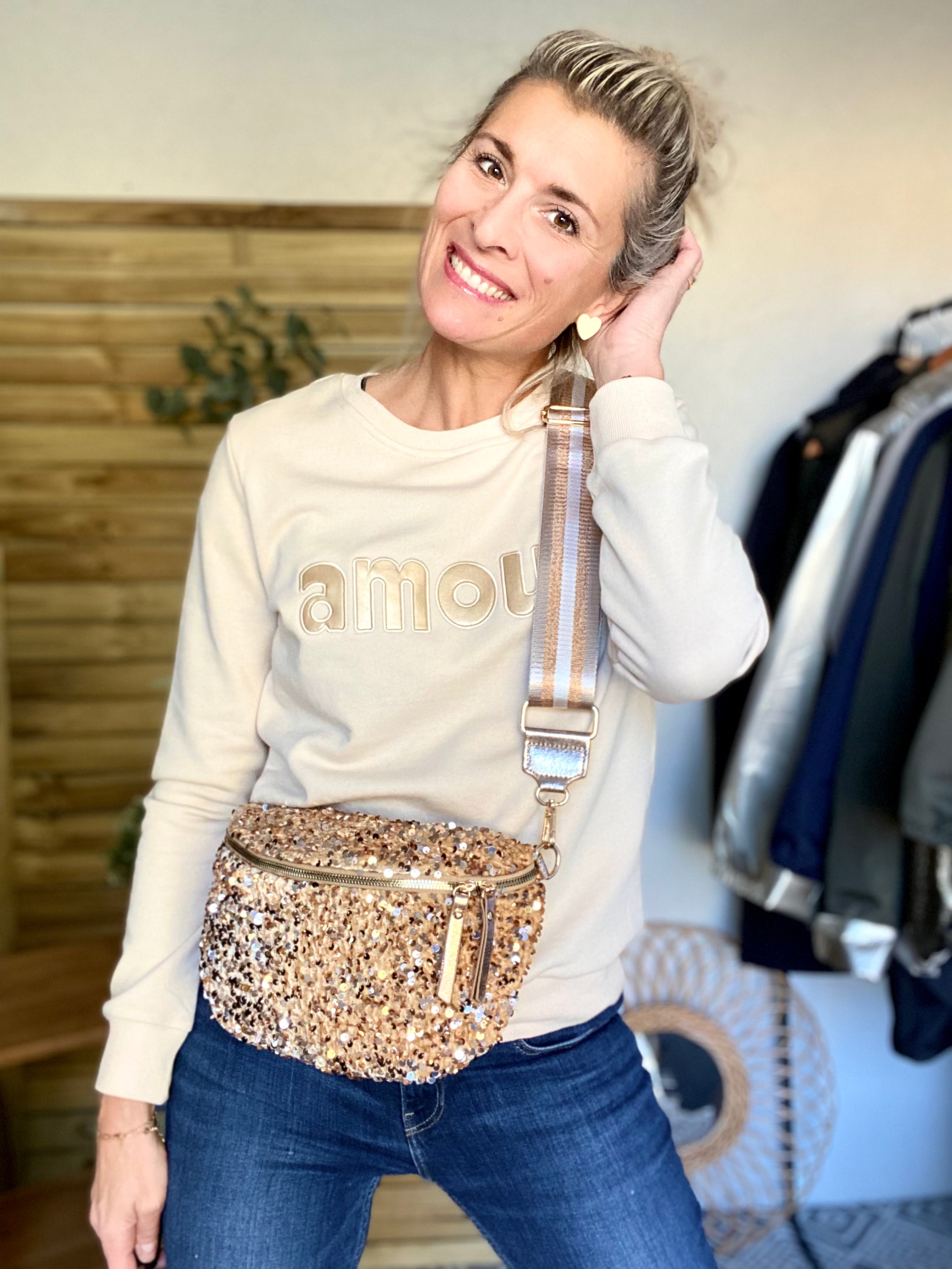 Sac banane L à sequins 30cm et sangle fantaisie - ROXY - Doré