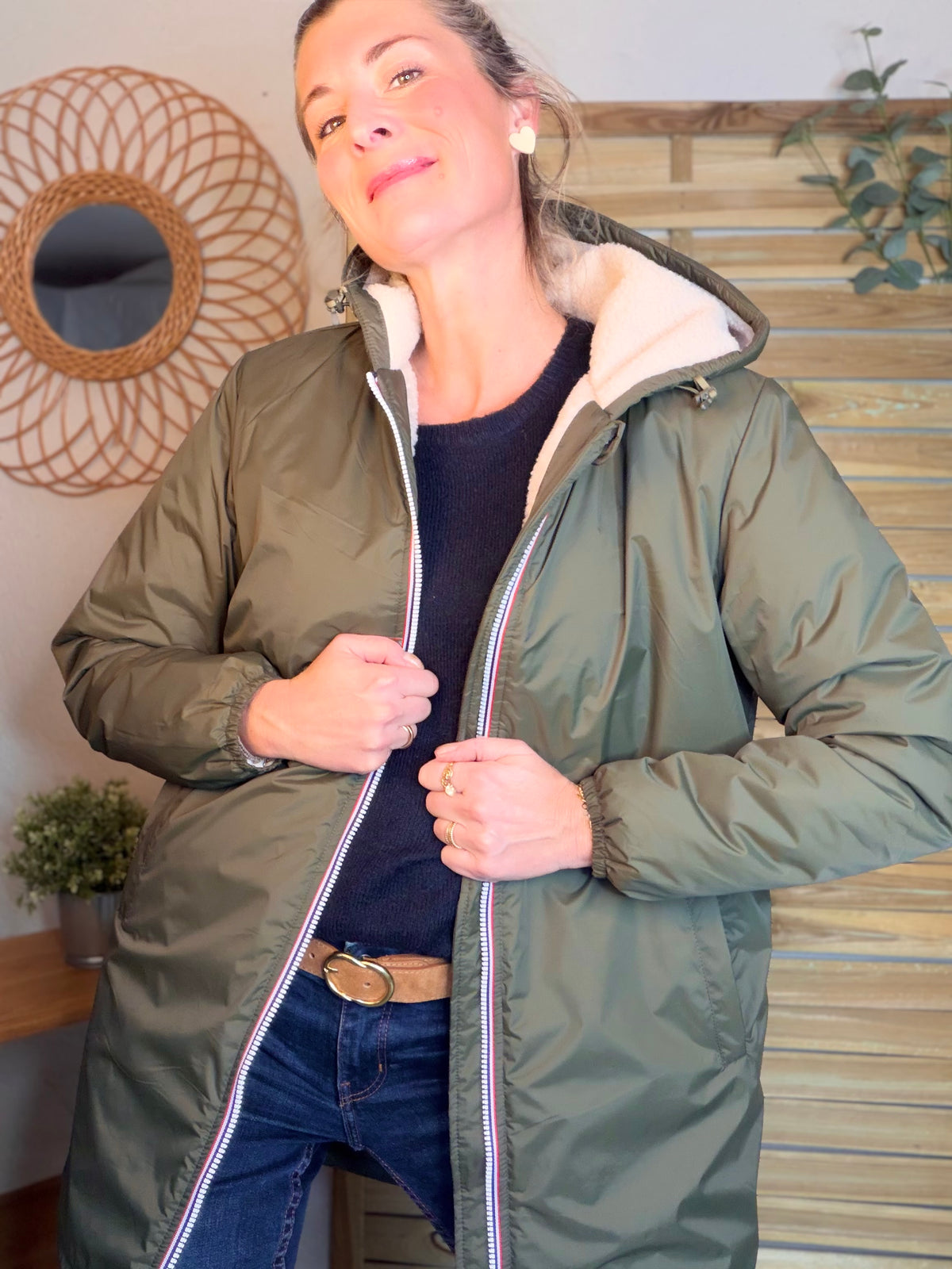 LAURA JO - Parka Imperméable LOUISE LONG Sherpa écru - Kaki • DÉSTOCKAGE sur taille S