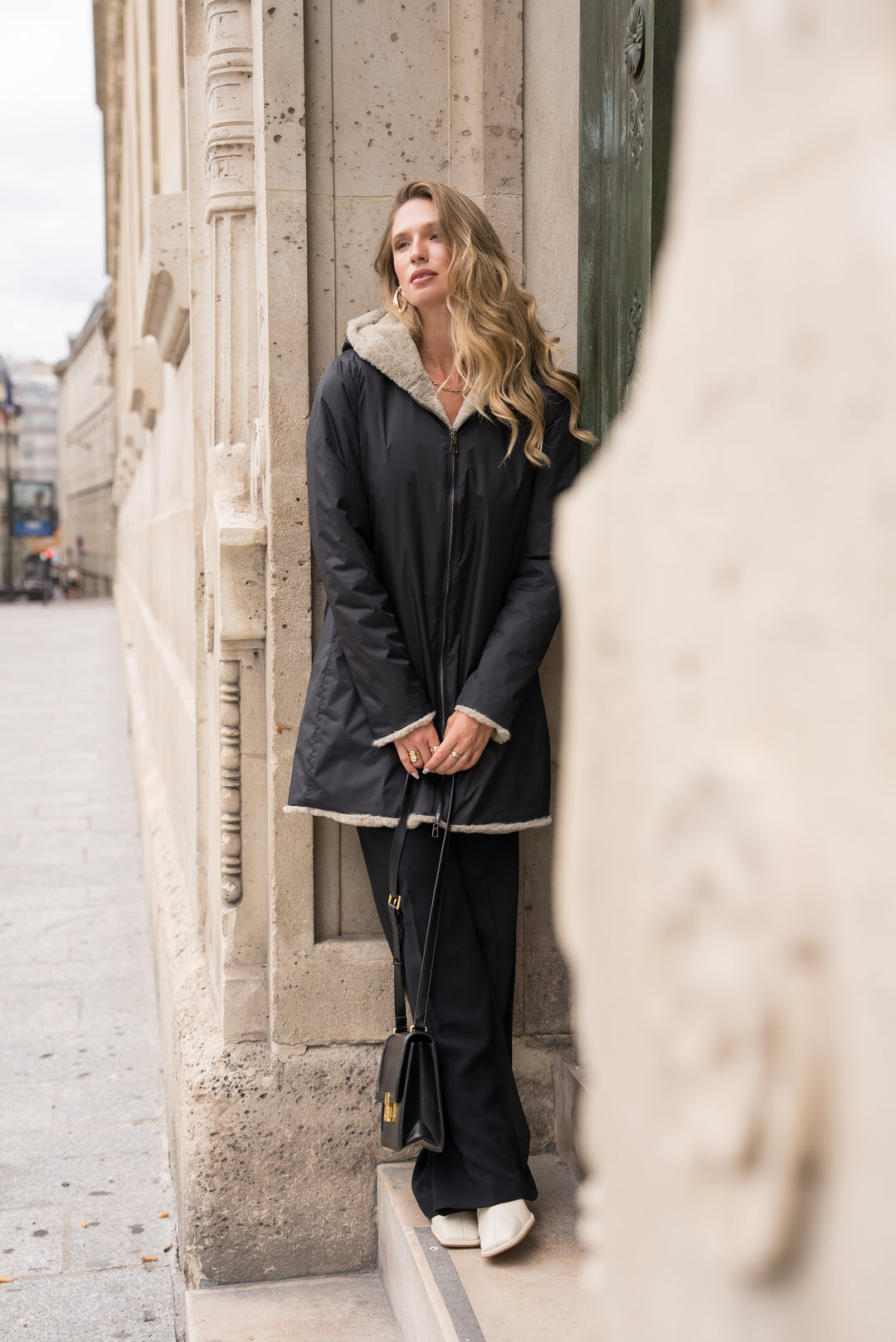 LAURA JO - Parka Imperméable réversible fourrée Noir / Beige ALIX long