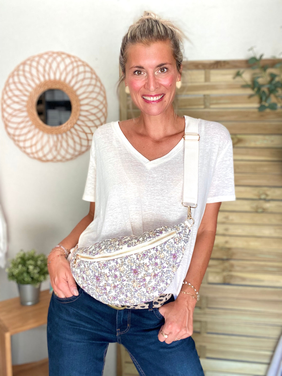 Sac banane XL Ciao Boum - IVY - Fleuri blanc et mauve
