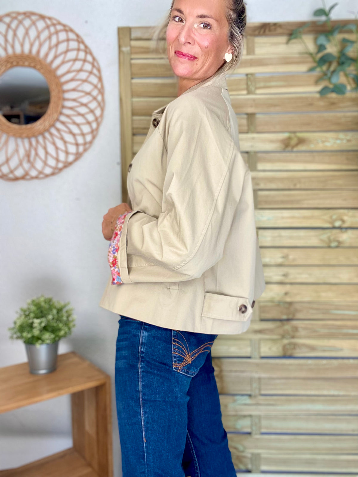 Veste Trench en coton beige avec Liberty - MAHAUT - LILI et LALA
